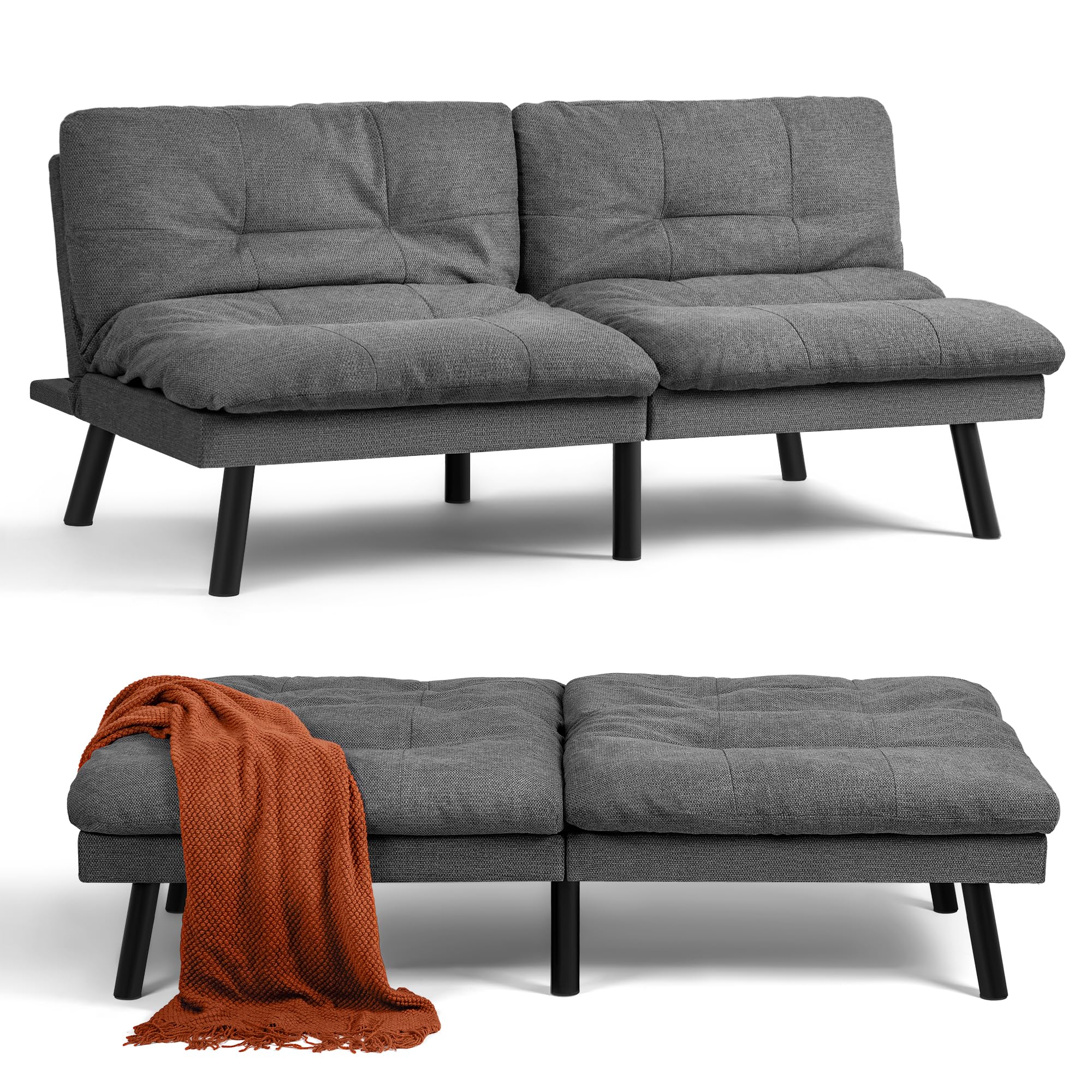 Flamaker Futon Sofa Bed, Sleeper Sofa Bed Couch Loveseat Futon Bed with Breathable Fabric, Convertible Modern Futon Adjustable Lounge Couch Futon Sets for Living Room Apartment Office (Dark Grey)