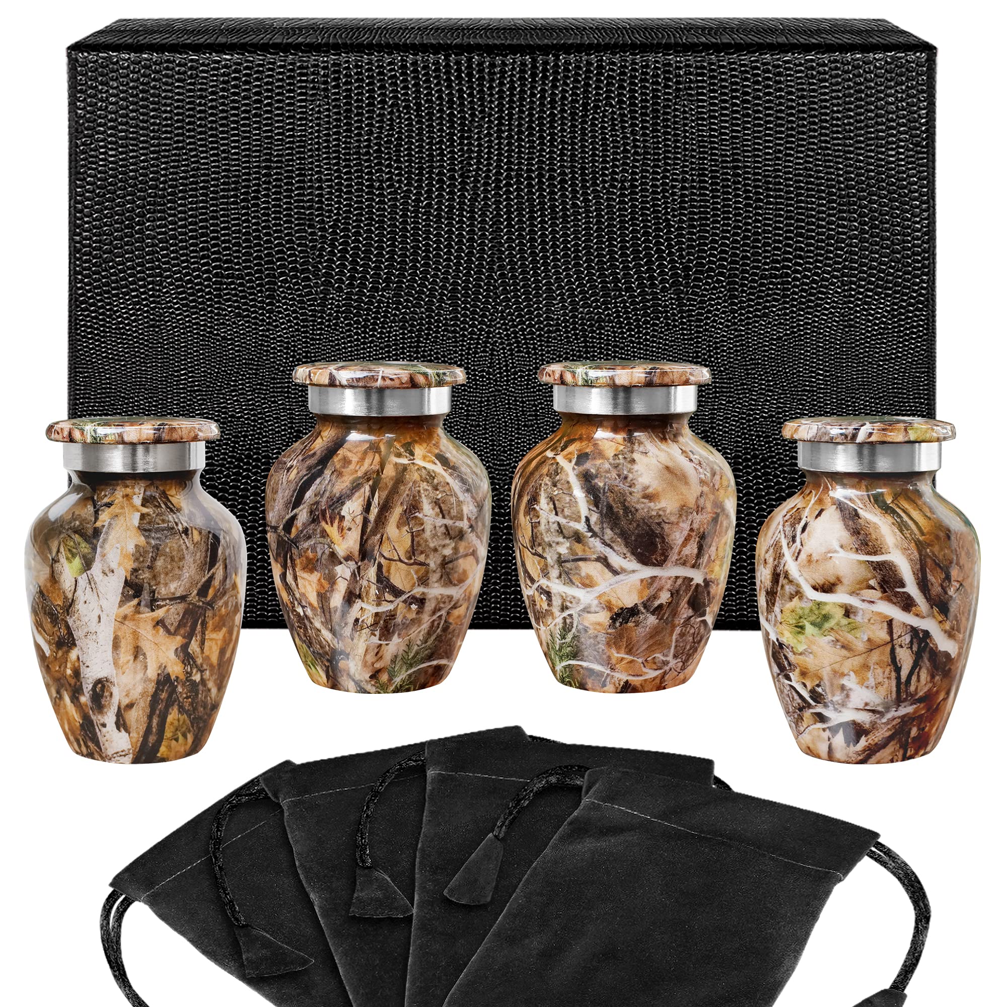 Trupoint Memorials Small Urns for Human Ashes Keepsake, Camouflage and Hunters Decorative Mini Cremation Urn for Adult Men & Women, Set of 4, Brown