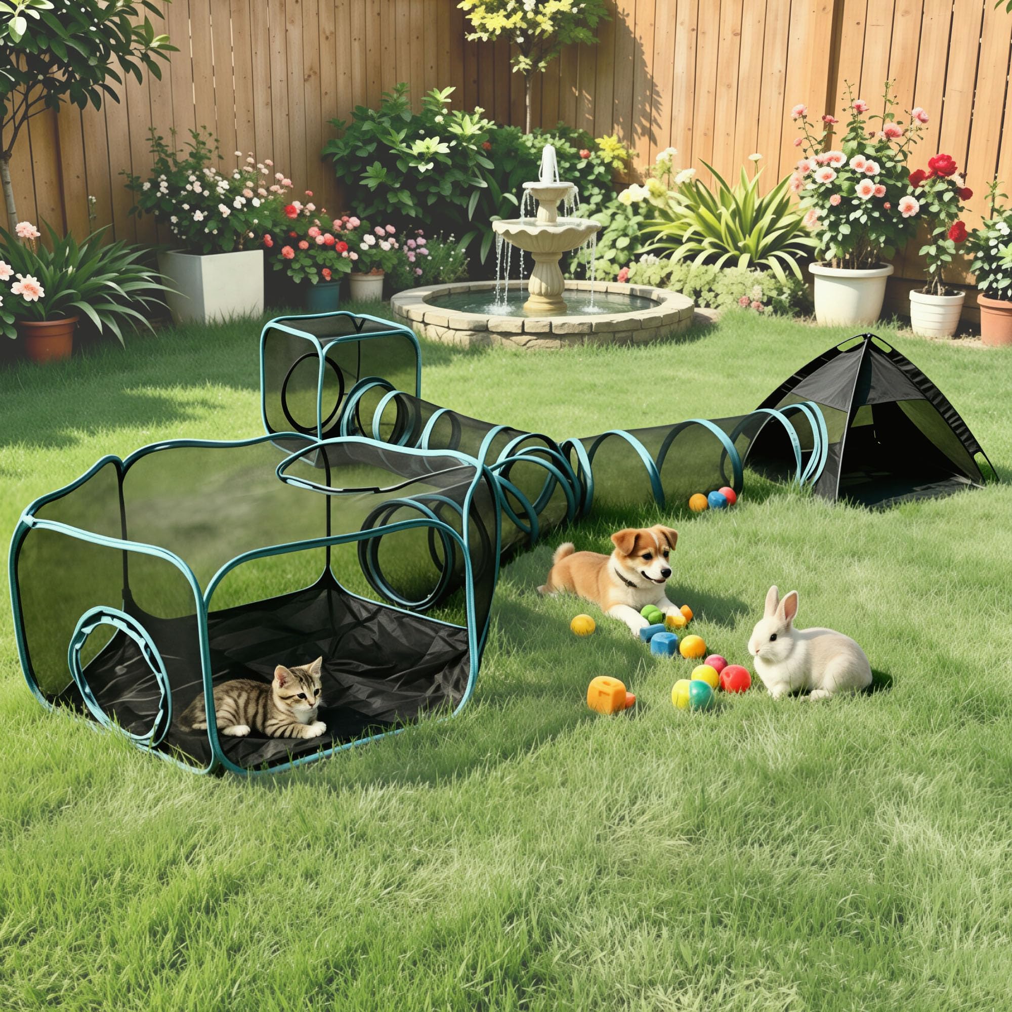 4 in 1 Katzentunnel und Katzenzelt, Outdoor Katzengehege für drinnen und draußen, Pop Up Katzenlaufstall mit anschließbaren Katzentunneln für Katzen, Kaninchen & Kleintiere