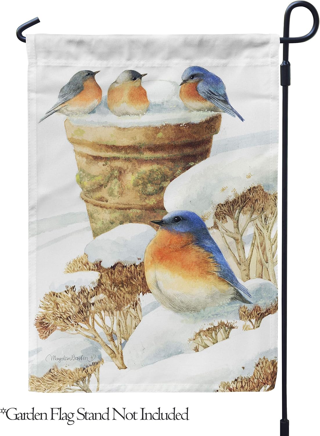 Flagology, Marjolein Bastin, Bluebirds in the Snow – Garden Flag 12" x 18", Outdoor/Indoor, Exclusive Premium Fabric, Winter