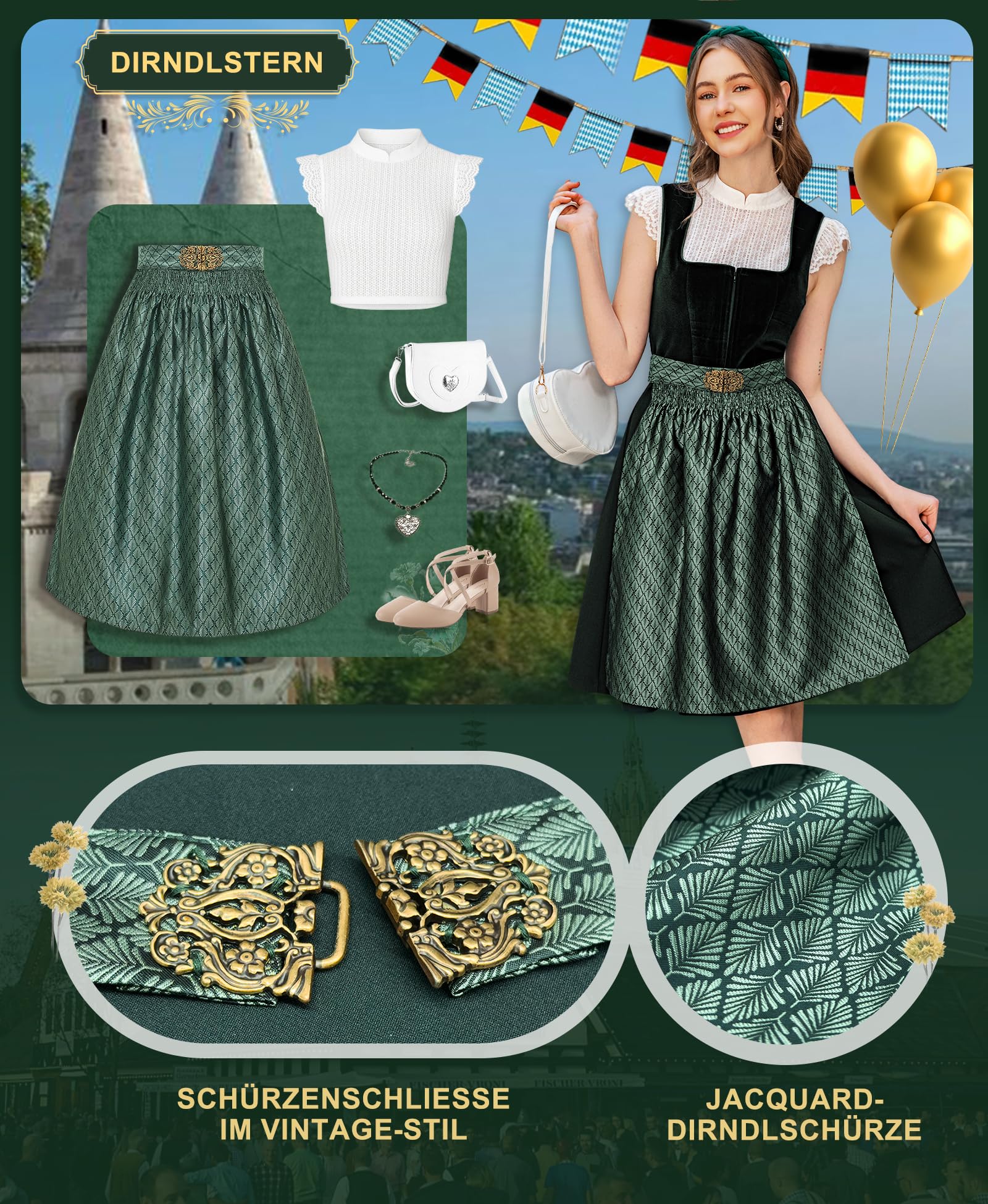 DIRNDLSTERN Schürze Damen Midi Dirndlschürze - Dirndlschürzen Trachtenschürze Mit Schnalle Oktoberfest Outfit