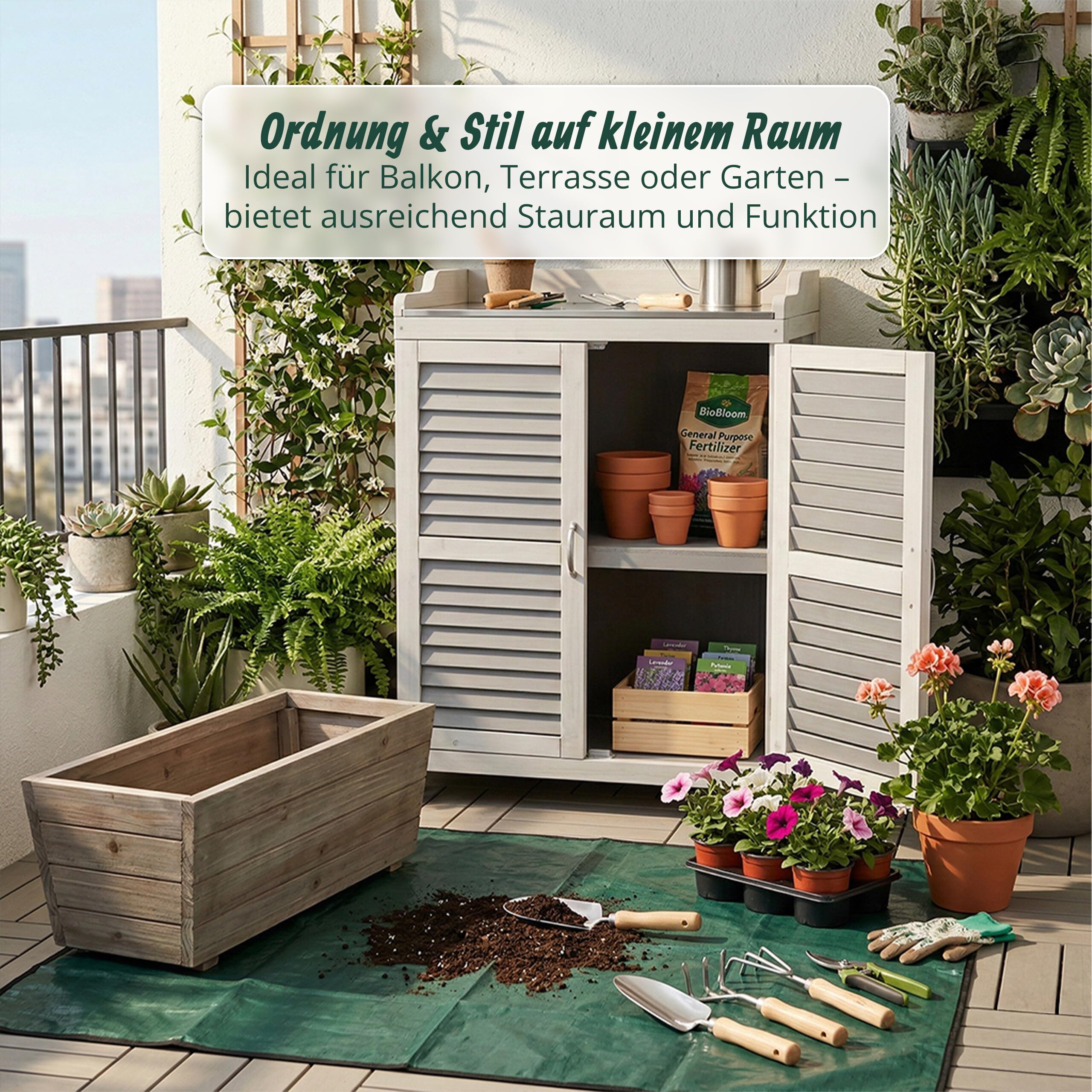 Relaxdays Pflanztisch mit Unterschrank, Holz, Eisen Arbeitsplatte, HxBxT: 100 x 67 x 47 cm, Gartenschrank, grau/weiß