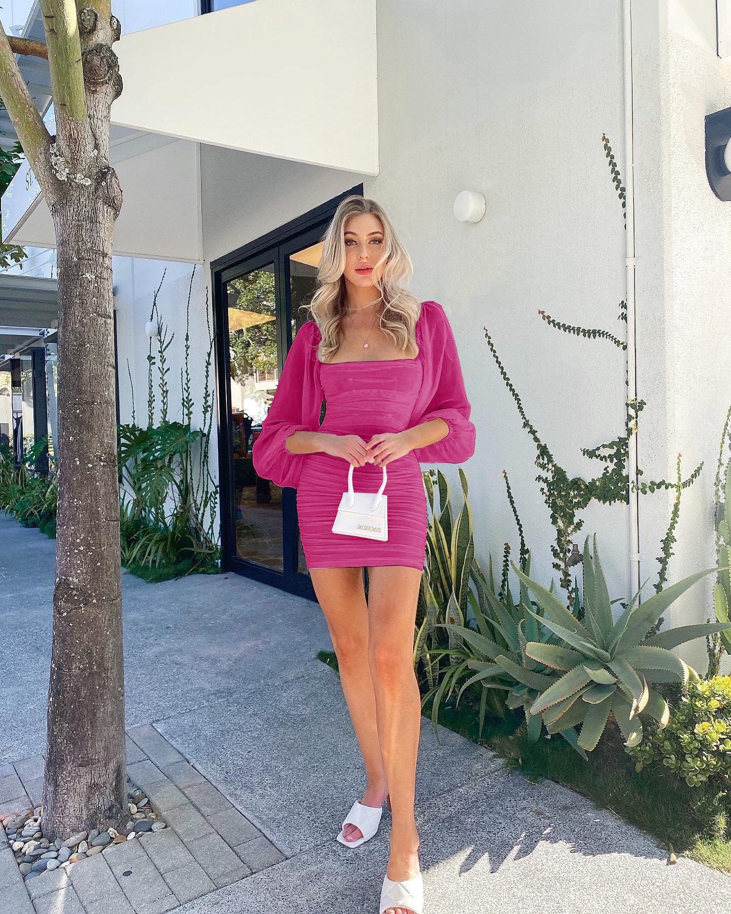 Ofenbuy Women's Mesh Long Sleeve Dress Square Neck Ruched Mini Bodycon Dress Stretch Party Cocktail Dresses Rose Red