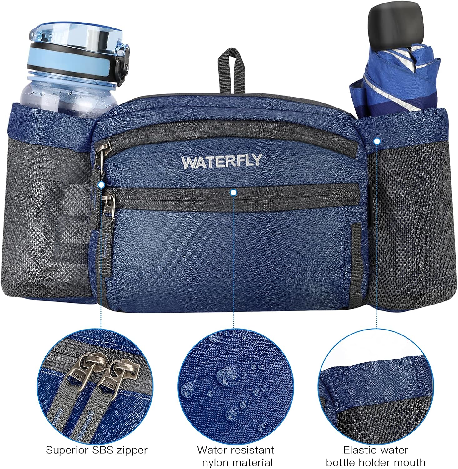 WATERFLY Hiking Fanny Pack with Water Bottle Holder Waist Bag for Walking Running Travel Lumbar Pack fit for iPhone 12 Pro iPad mini iPod Samsung Phones - Sapphire Blue : Sports & Outdoors