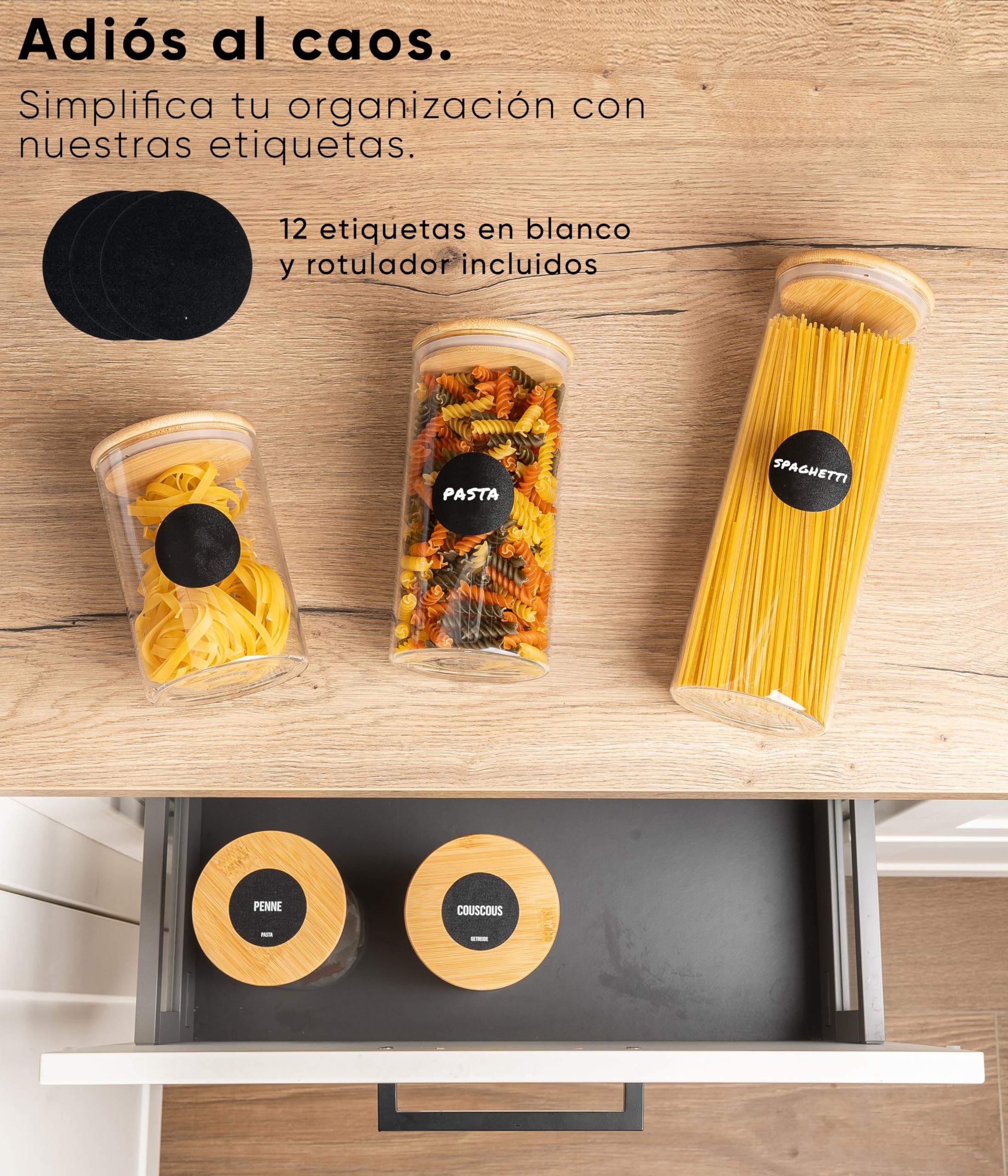 Deco haus® Tarros de Cristal con Tapa hermética, Juego de 8 [+ Etiquetas], Botes Cocina Almacenaje, Tarros Cristal con Tapa de Madera, Frascos de vidrio Apto para Harina, Café, Pasta | Tarros de cristal con tapa para cereales, cereales, harina y demás