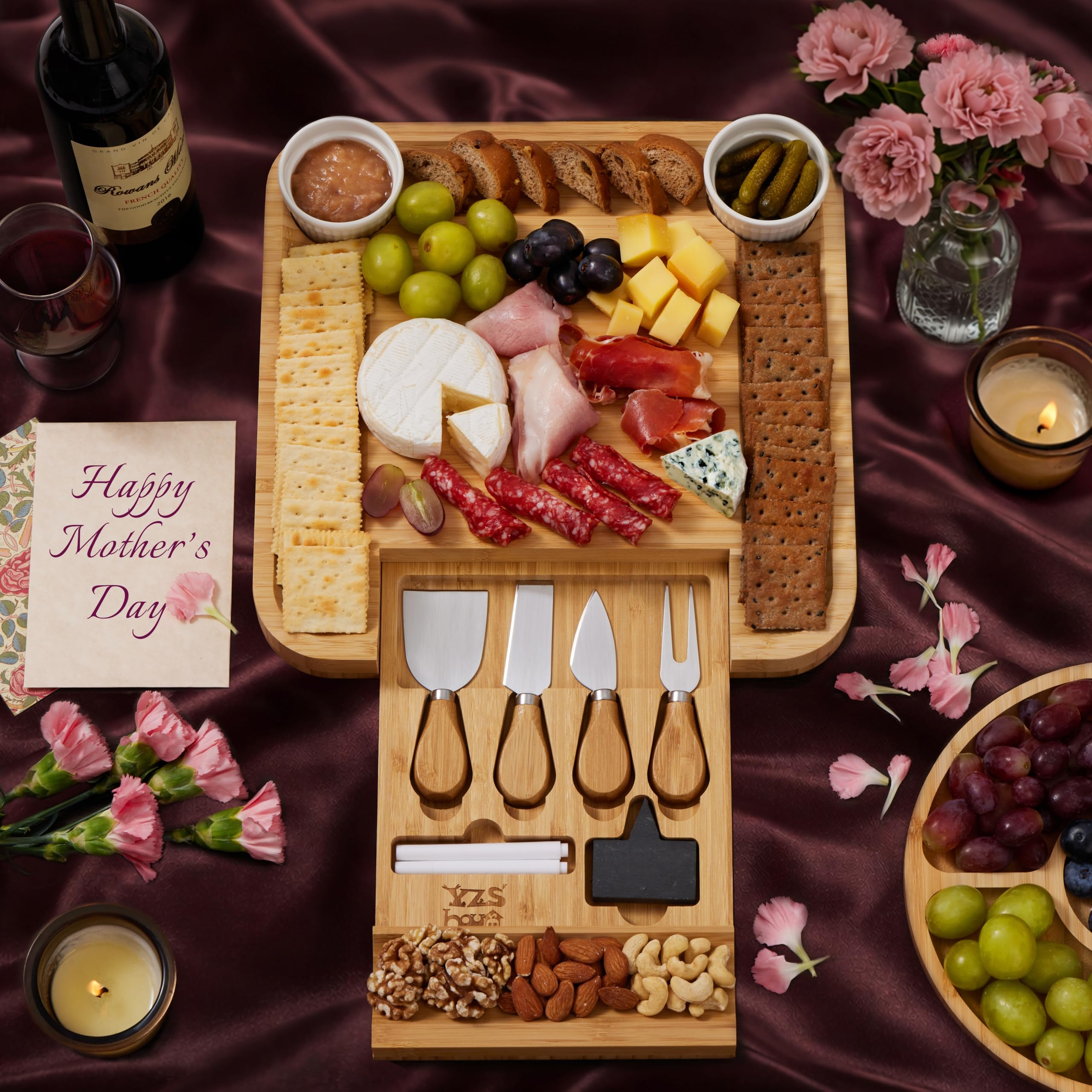 YZS - Set regalo di taglieri per salumi in bambù: set di taglieri per formaggi con accessori per salumi, regalo per l'inaugurazione della casa, regalo di nozze per coppie, regalo per addio al nubilato