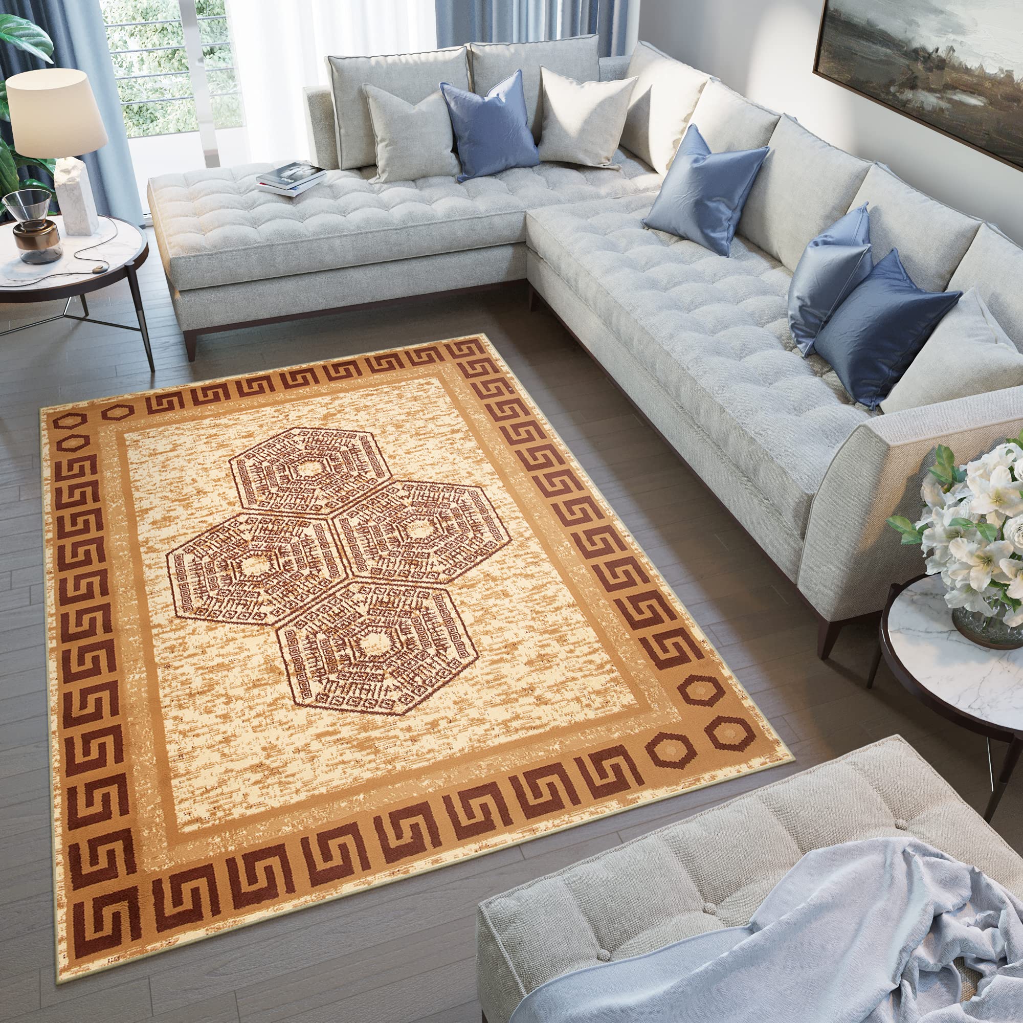 TAPISO Atena Tapis de Salon Chambre Ado Design Moderne Sable Marron Motif Grec Bordé Doux Fin Poil Court 140 x 200 cm