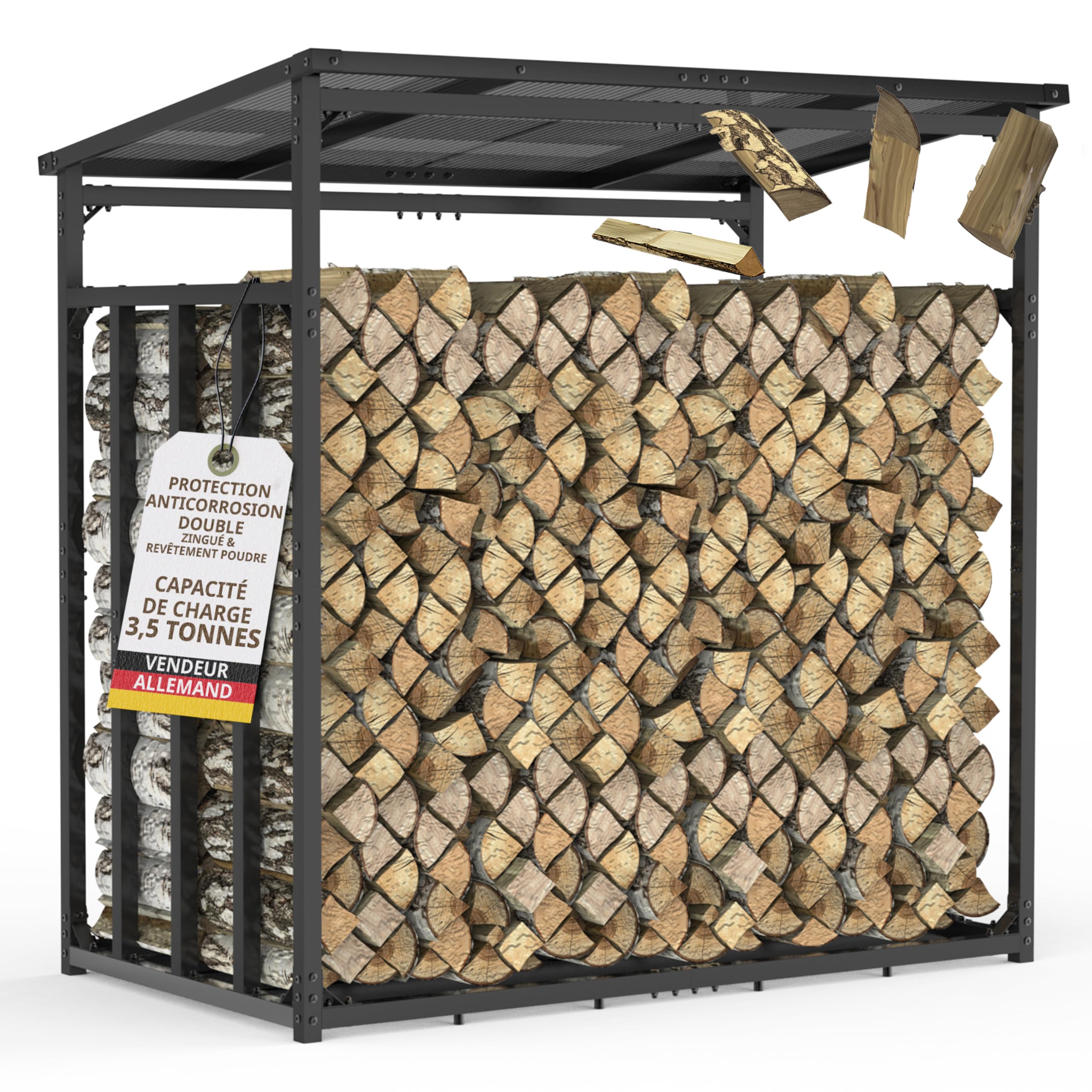 Étagère à bois de cheminée en métal extérieur, Anthracite, 185x105x185cm | galvanisée Anthracite Section 4 x 4 cm Charge maximale 3,5 t Avec toit abri bûche pour bois de chauffage Range buche