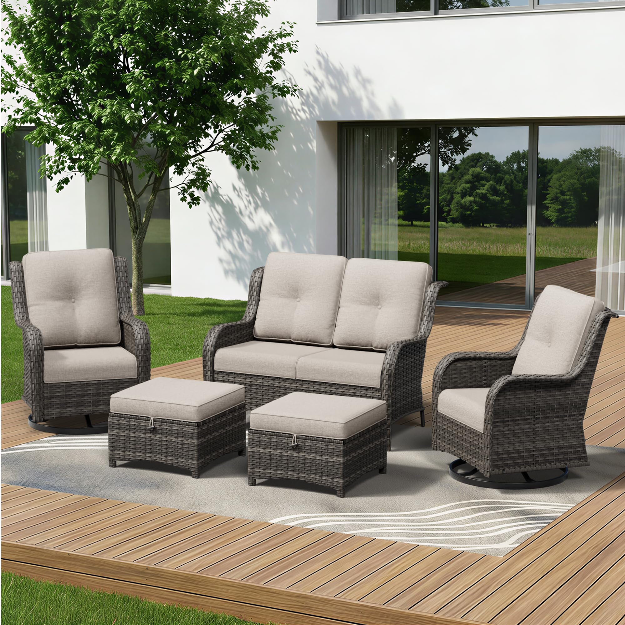 5 Piece Outdoor Wicker Patio Furniture Set, Outdoor Swivel Rocker Patio Chairs Set with Thickened Olefin Cushions, High Back and Deep Seating, Hand-Woven PE Rattan for Porch, Deck