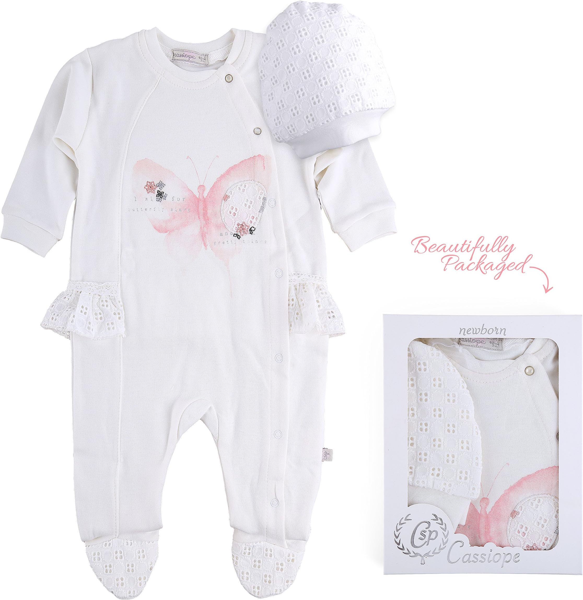 Girl 100% Turkish Cotton Lovely Footsie and Hat Layette Set in Box.