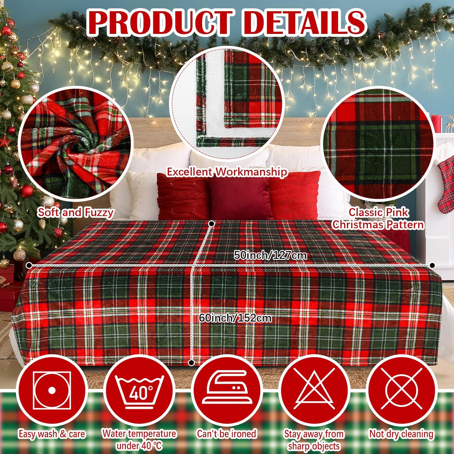 Preboun 9 Pcs Christmas Plaid Throw Blankets Bulk, 50" x 60" Soft Fleece Blanket, Red Green Holiday Checkered Flannel Blanket for Winter Bedding, Couch and Gifts - Image 3