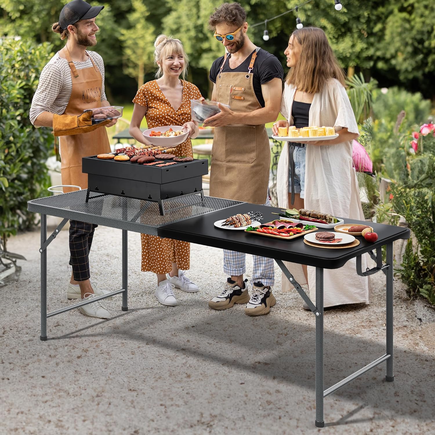 YITAHOME 6Ft Metal Folding Table for Grill Portable 2-in-1 Design Folding Grill Table with Mesh Desktop for Camping Cooking BBQ Picnic, Black