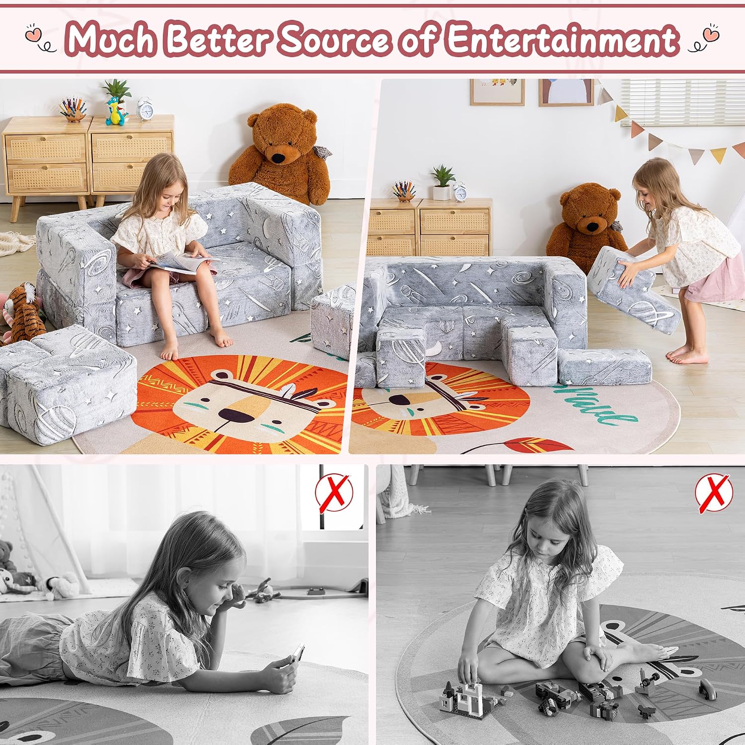 Kids Sofa Couch, Modular Kids Play Couch for Playing, Creativing, Sleeping, Convertible Toddler Play Foam, Glow in The Dark, Child Sectional Sofa for Playroom,Bedroom Furniture