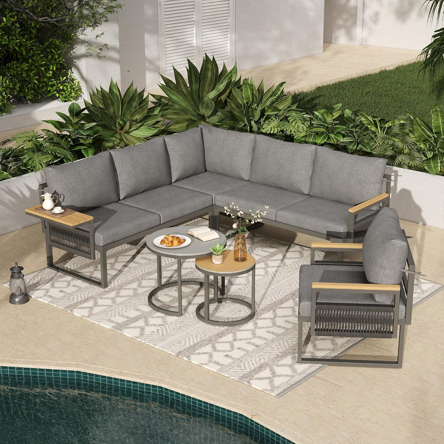 5-6 Seater Garden Sofa Set, Outdoor Furniture with 2 Adjustable Backrest Seats, Adjustable Handrail Trays, Rope Woven Corner Garden Lounge Set with 2 Nesting Tempered Glass Coffee Tables, Grey