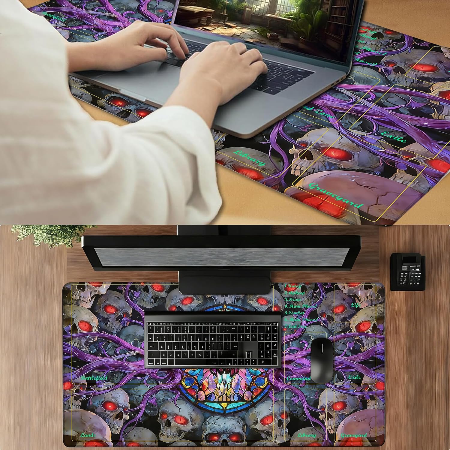 MTG Playmat, TCG Card Game Mat 24x14 Inch, Stitched Edge-Locking, Non-Slip Rubber Play Mat for Magic The Gathering, Trading Card Game Tabletop Mat (Stained Glass Skull,with Zone)