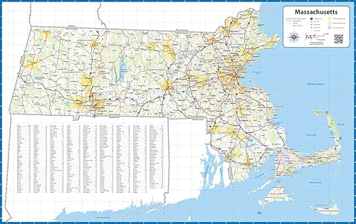 Mapa de pared laminado de Massachusetts (36 pulgadas de ancho x 23 pulgadas de alto)