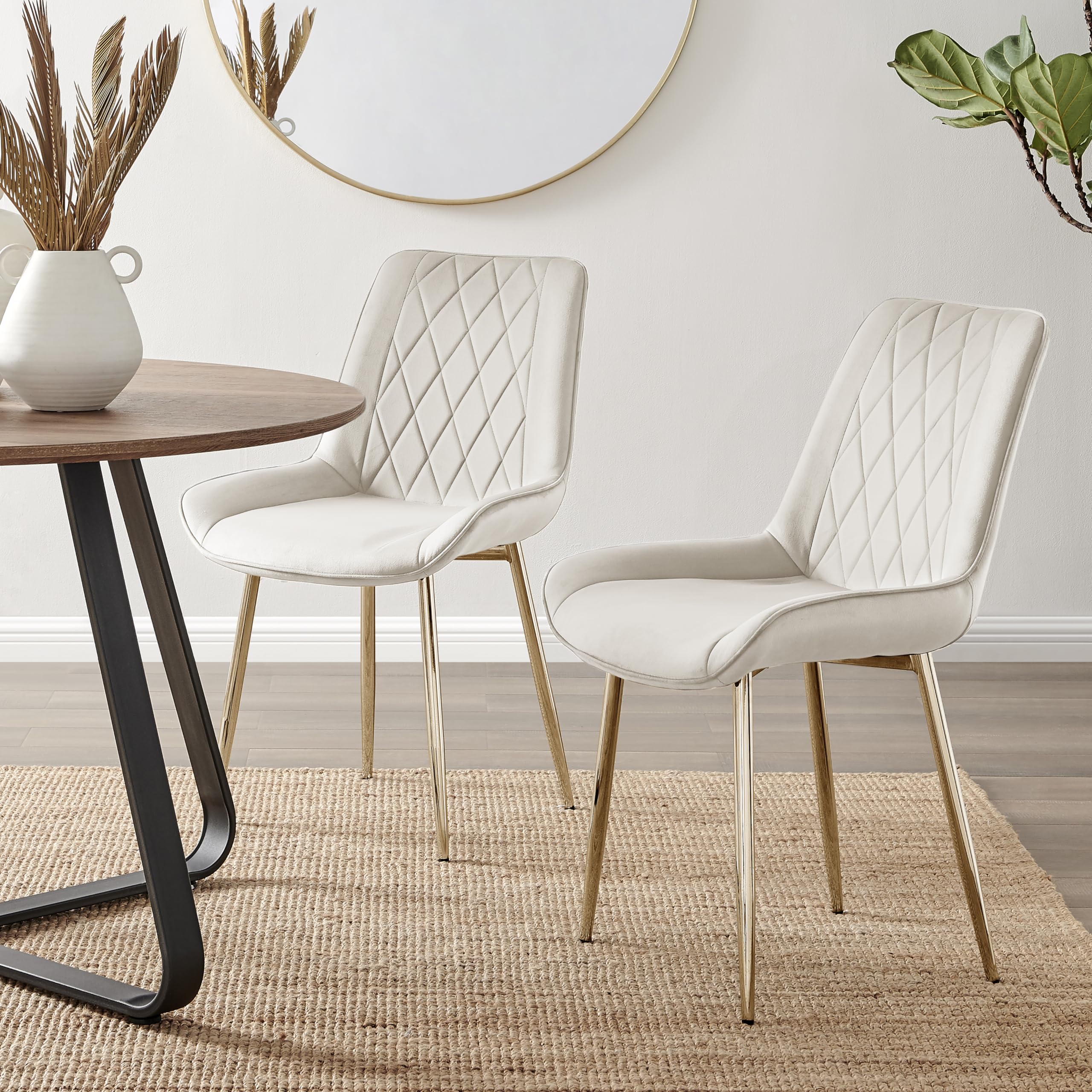 Furniturebox Dining Chair Set of 2 - Pesaro Cream Velvet Gold Metal Leg Modern Contemporary Luxury Dining Kitchen Chairs