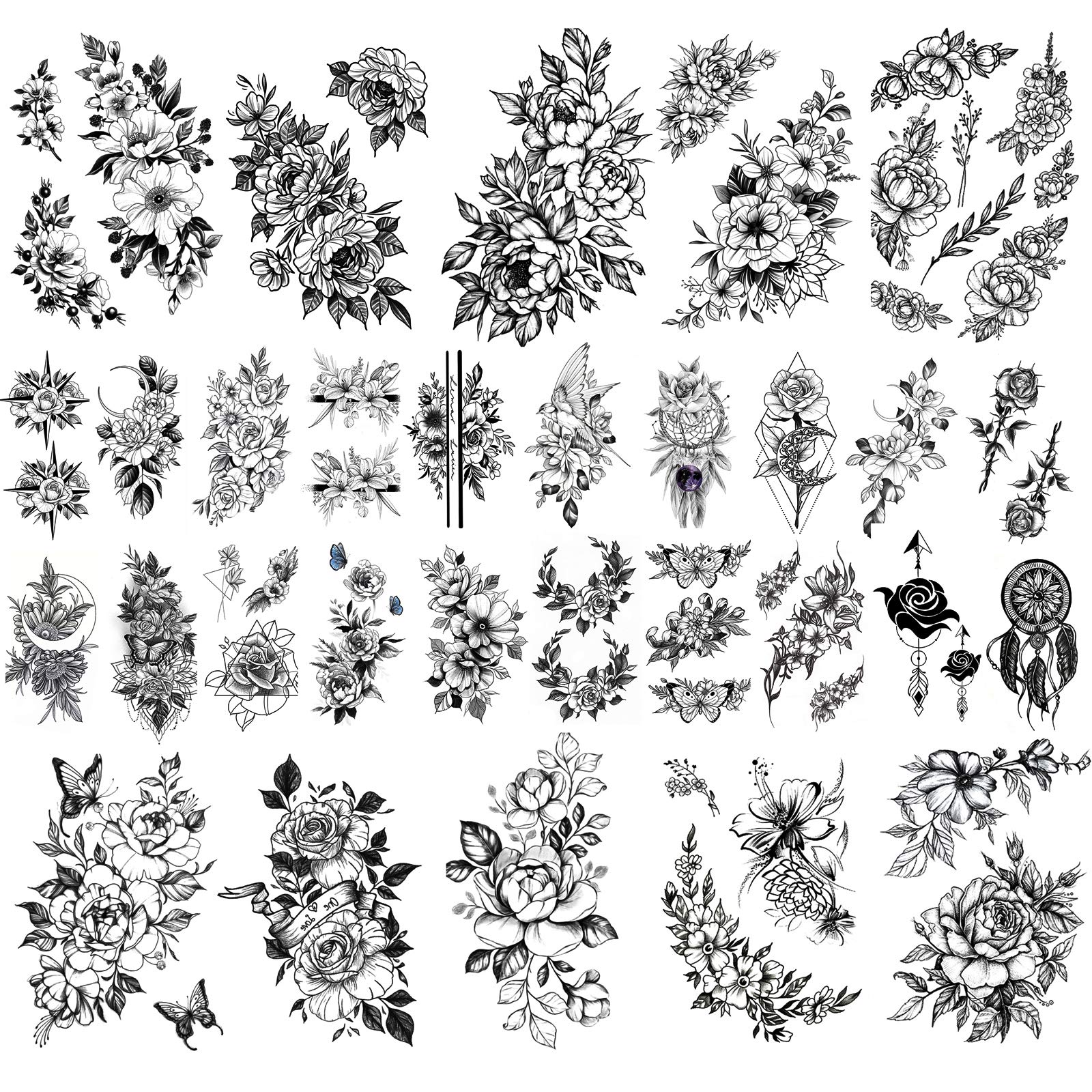 Kotbs 30 Sheets Sexy 3D Flowers Temporary Tattoos, Include 10 Sheets Large Temporary Flower Tattoos for Women Girls Adults and 20 Sheets Tiny Black Sketch Floral Blossom Tattoo Stickers for Kid Teens