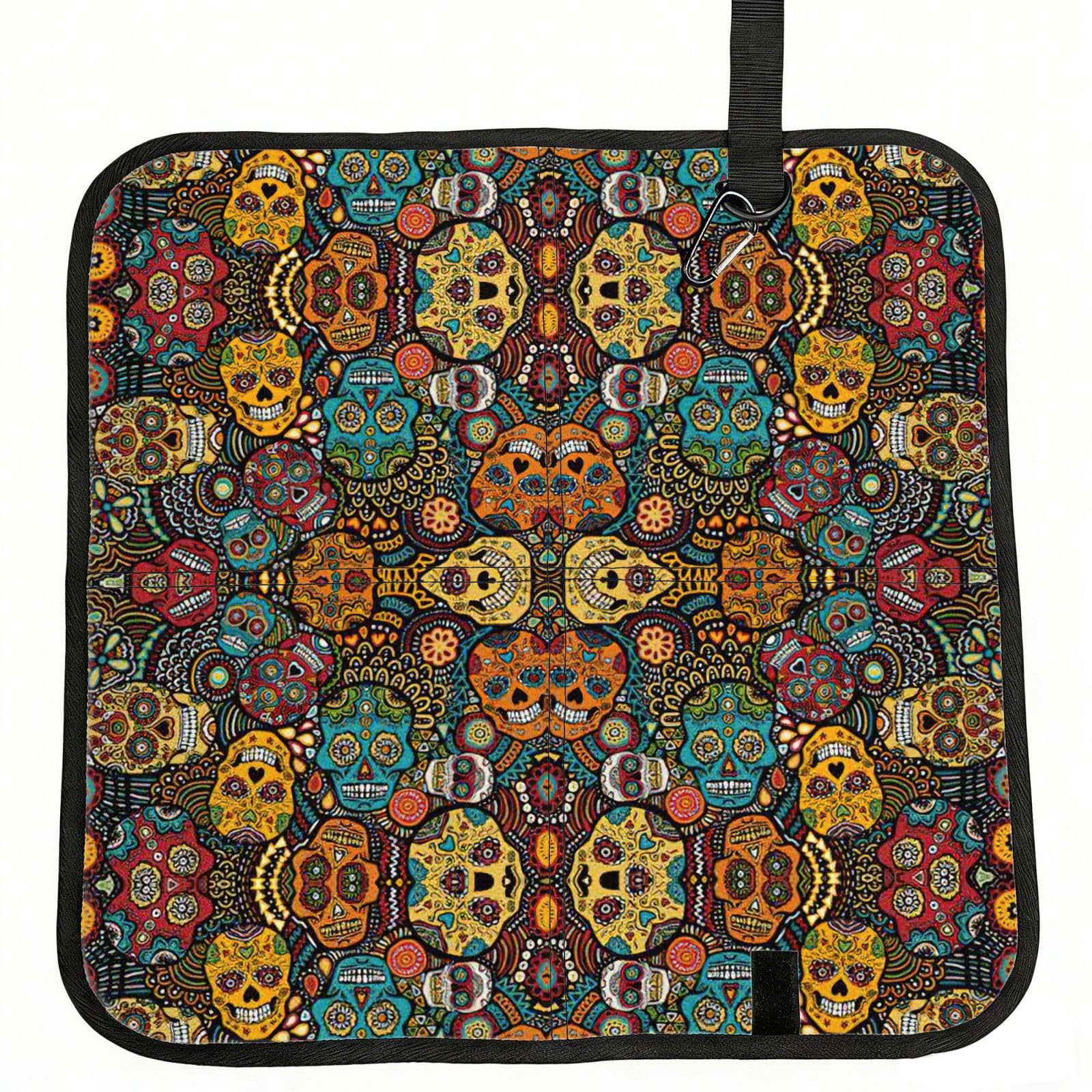 SDEGTHO Colorful Sugar Skulls Printed Foldable Seat Pad with Closure, Lightweight Cushion for Airplane Travel Camping
