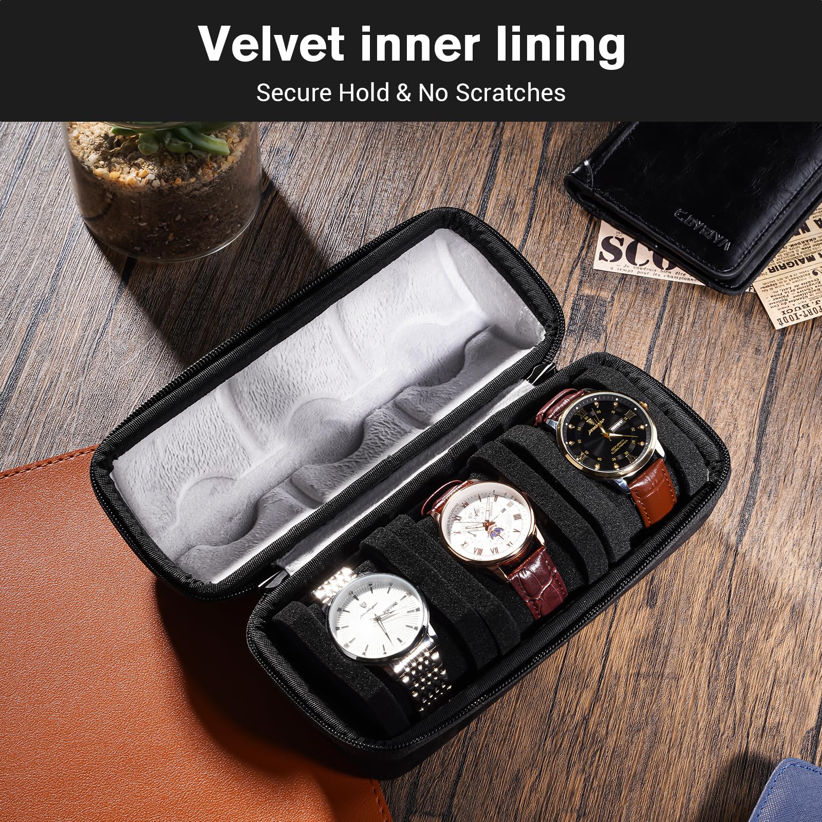 Étui de Voyage pour Montres Homme et Femme, étui à 3 emplacements, boîte de Transport Portable, étui Rigide pour Montres Homme avec Coussin Antichoc - 3 emplacements, Noir/Gris