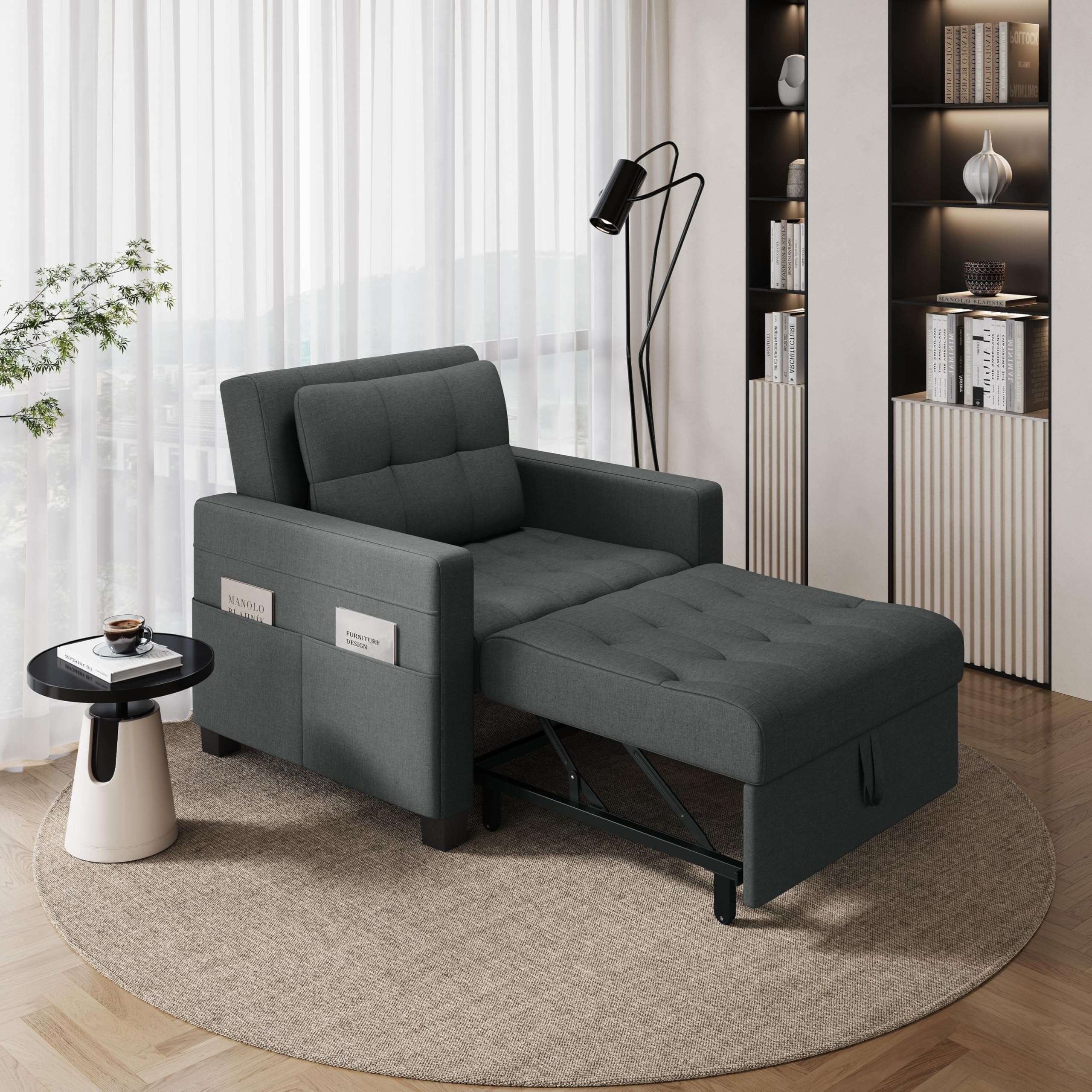 Yaheetech Divano Letto 3 in 1 Imbottito Divanetto Singolo con Schienale Regolabile Divano a 1 Posto per Soggiorno Camera da Letto Poltrona Pieghevole Ufficio Appartamento Grigio Scuro