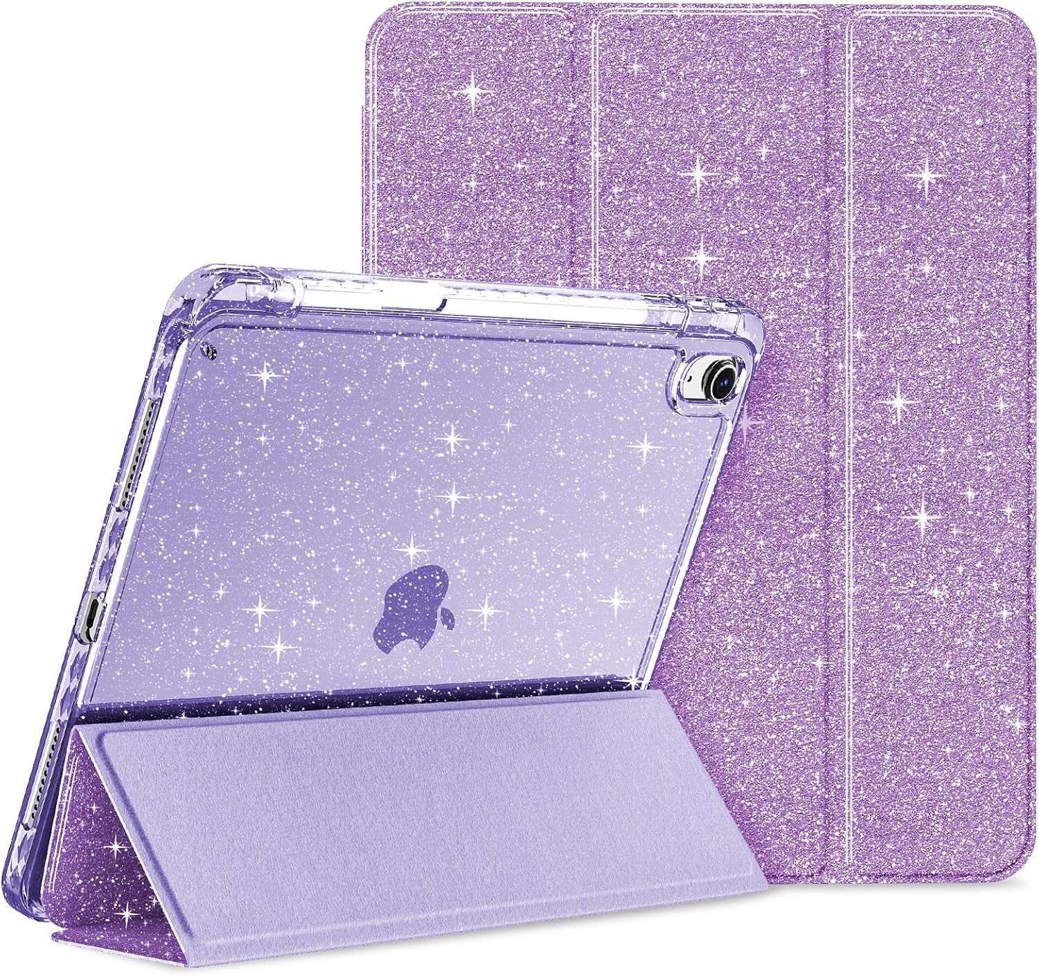 Case for iPad Air 11-inch (M4 2026/ M3 2025/ M2 2024)& 10.9-inch (5th/ 4th Gen) 2022/2020, Glittering Sparkly Slim Stand Cover with Clear Back, Pencil Holder& Shockproof Protection (Purple)