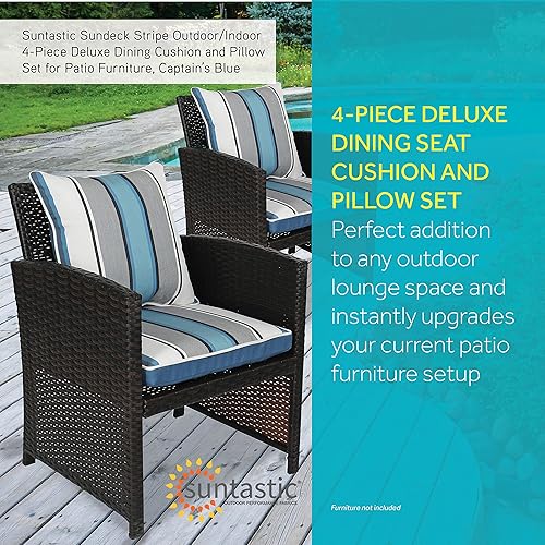 Miniatura 2 de Suntastic Sundeck Stripe - Juego de 4 cojines y almohadas de comedor para exteriores e interiores, para muebles de patio, azul capitán