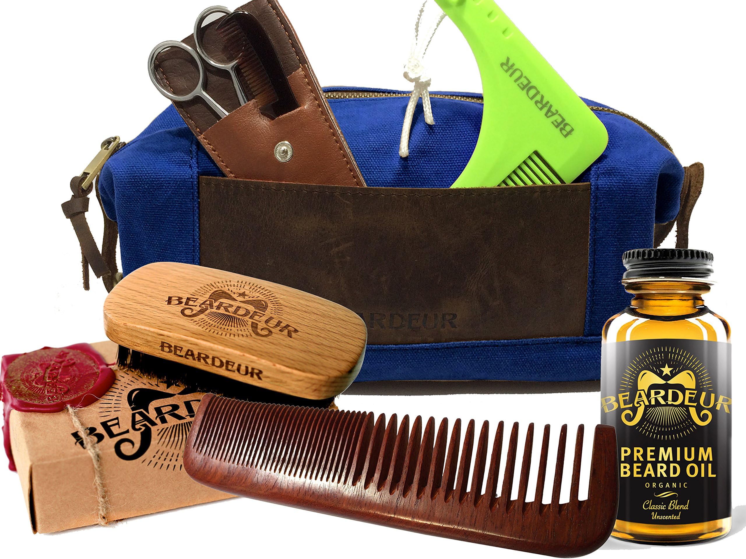 Beard Grooming Starter Set for Mens Beard Care – Beard Brush, Leave In Conditioner Oil, Hair & Mustache Comb, Trimming Scissors – All in a Vintage Leather Toiletry Dopp Travel Bag