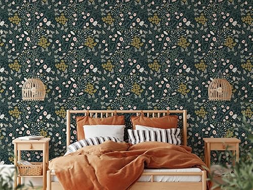 Miniatura 2 de Papel tapiz de flores mostaza y escarabajos, papel tapiz botánico autoadhesivo extraíble, papel tapiz floral para despegar y pegar (muestra de 12