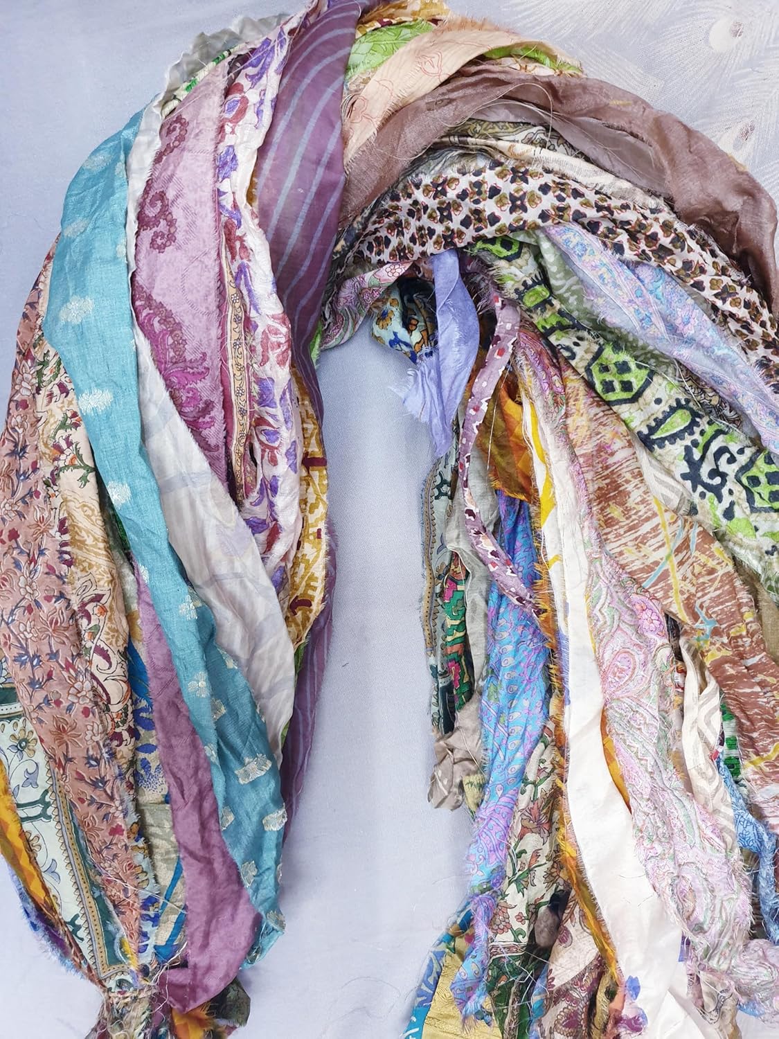 21 Yards Unstitched Sari Silk Yarn Ribbon Tassels 21 Strips SKEINS Shades Journal Scrapbook Craft Project Decor DS363