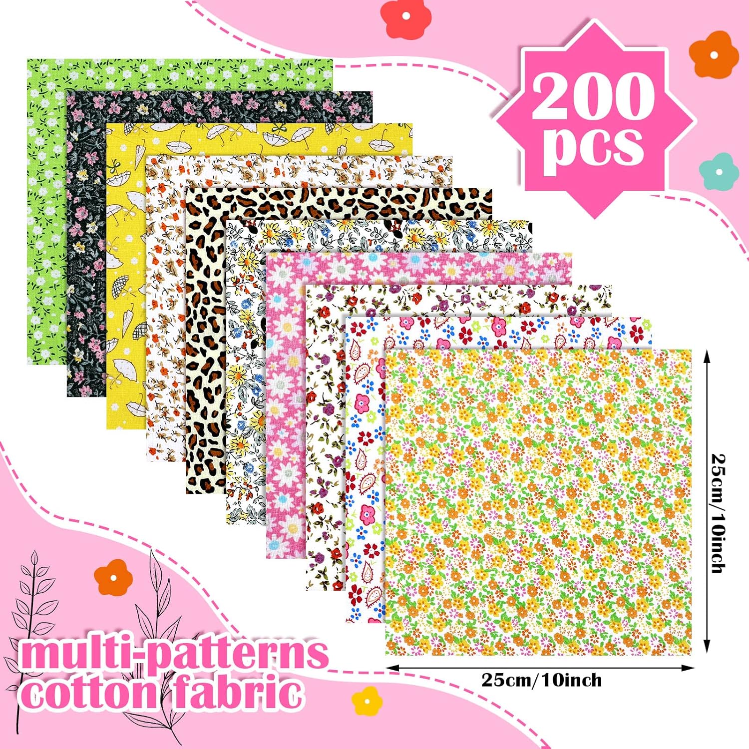 Kingdder 200 Pcs 10 x 10 Inch Cotton Fabric Squares for Quilting Fat Craft Quarters Sewing Fabric Bundle Squares Precut Printed Patchwork for DIY Craft Scrapbooking Cloth Handmade Accessory(Cartoon)