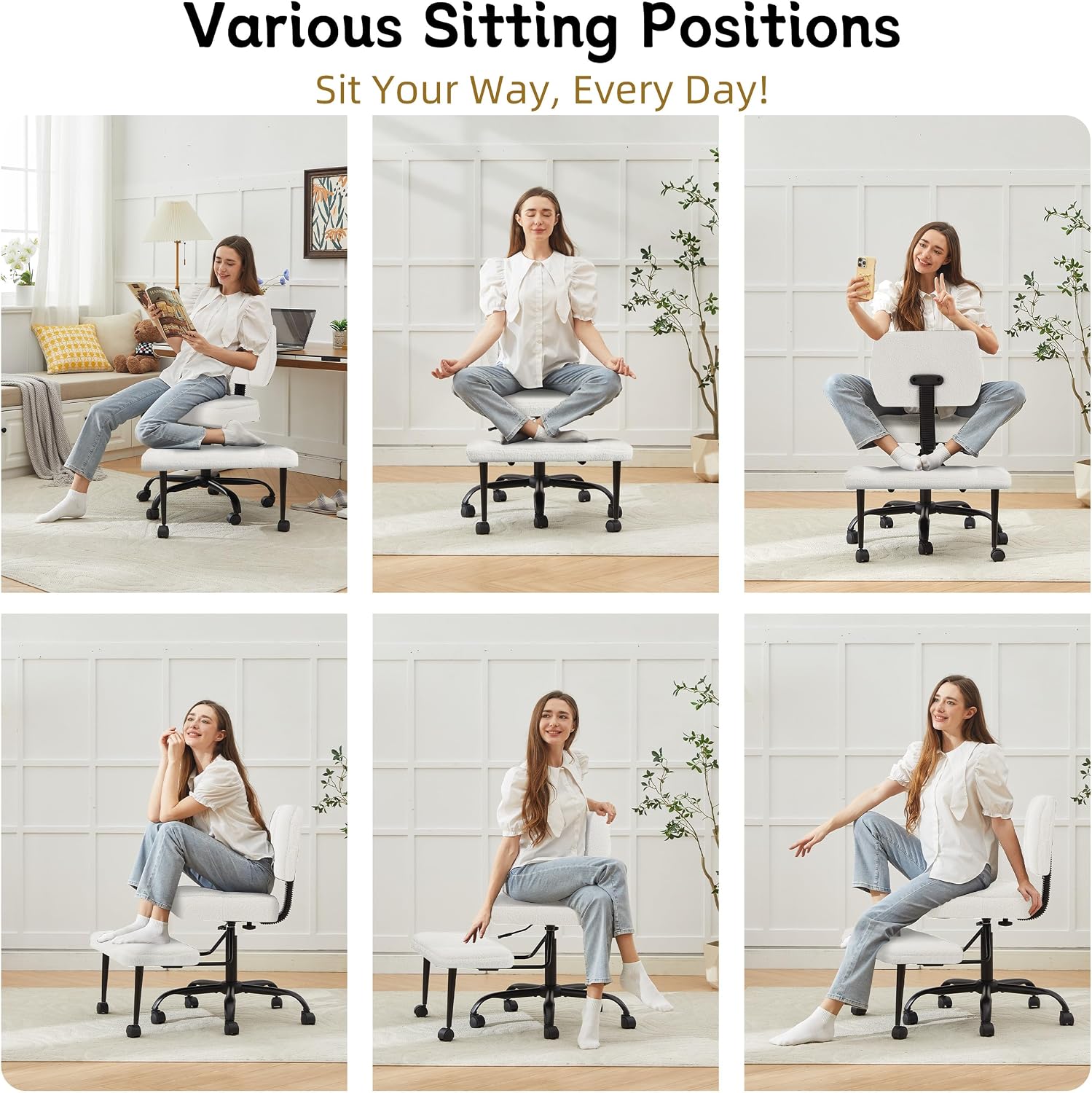 Criss Cross Legged Office Chair with Wheels, Armless Fabric Office Desk Chair, Modern Meditation Chair for ADHD, Comfy Ergonomic Fidgeting Kneeling Yoga Chair with Adjustable Footstool&Height,Offwhite
