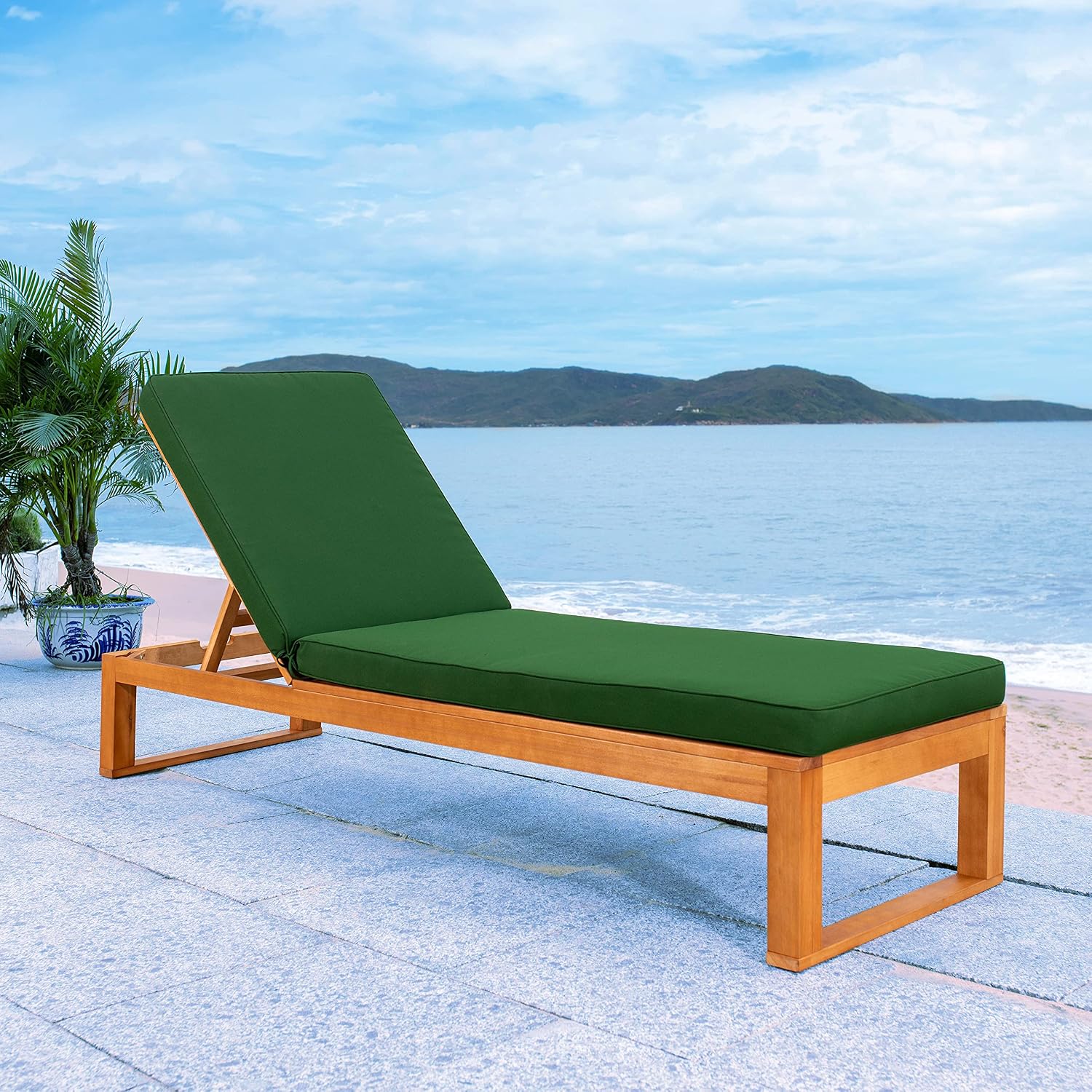 SAFAVIEH Outdoor - Solano Chaise Lounge Chair - Brown & Green - Solid Wood with Cushion - Adjustable Backrest Design - Ideal for Patio, Deck, Poolside, Backyard, 81"W x 31.5"D x 12"H (PAT7024N)