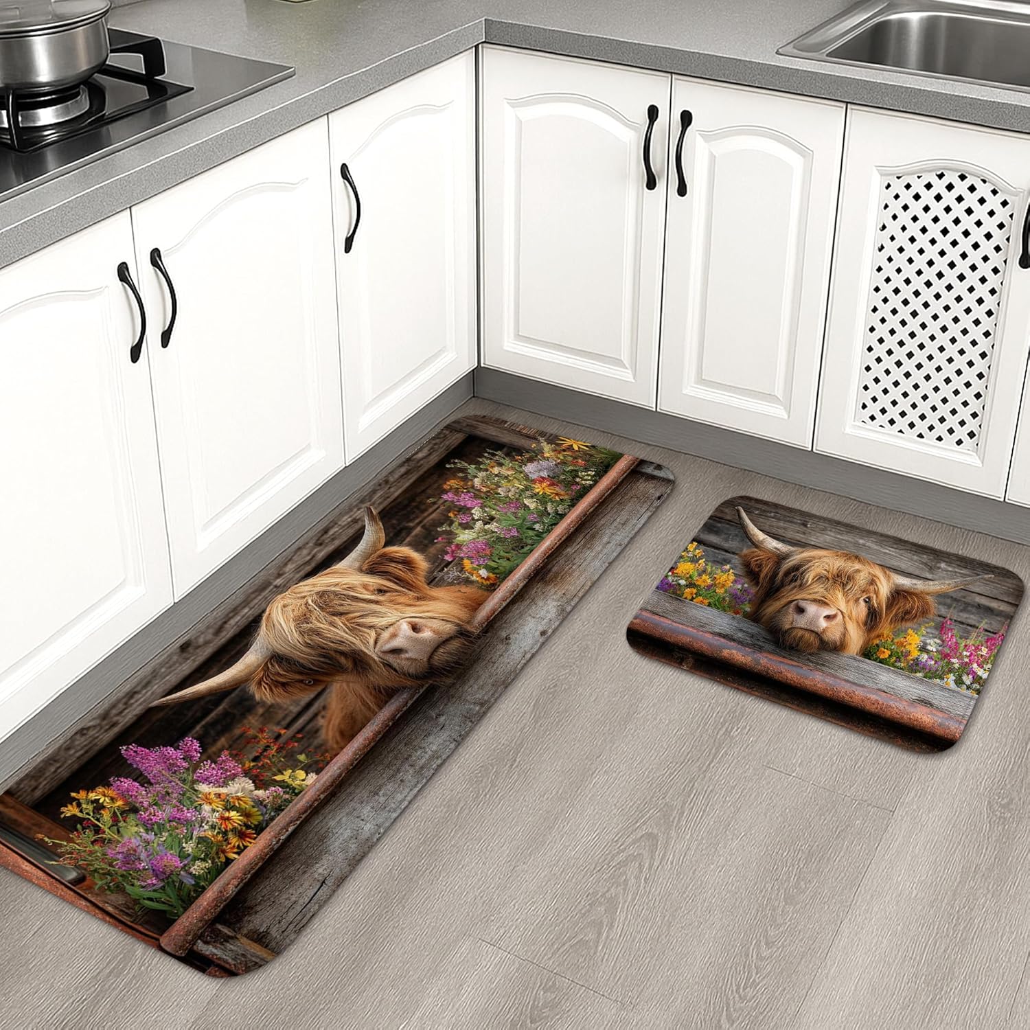 Rustic Floral Kitchen Mats for Floor, Highland Cow Memory Foam Mats, Cushioned Comfort Washable Non Slip Decor Rugs for Kitchen Sinks Laundryroom Bathroom 2PCS