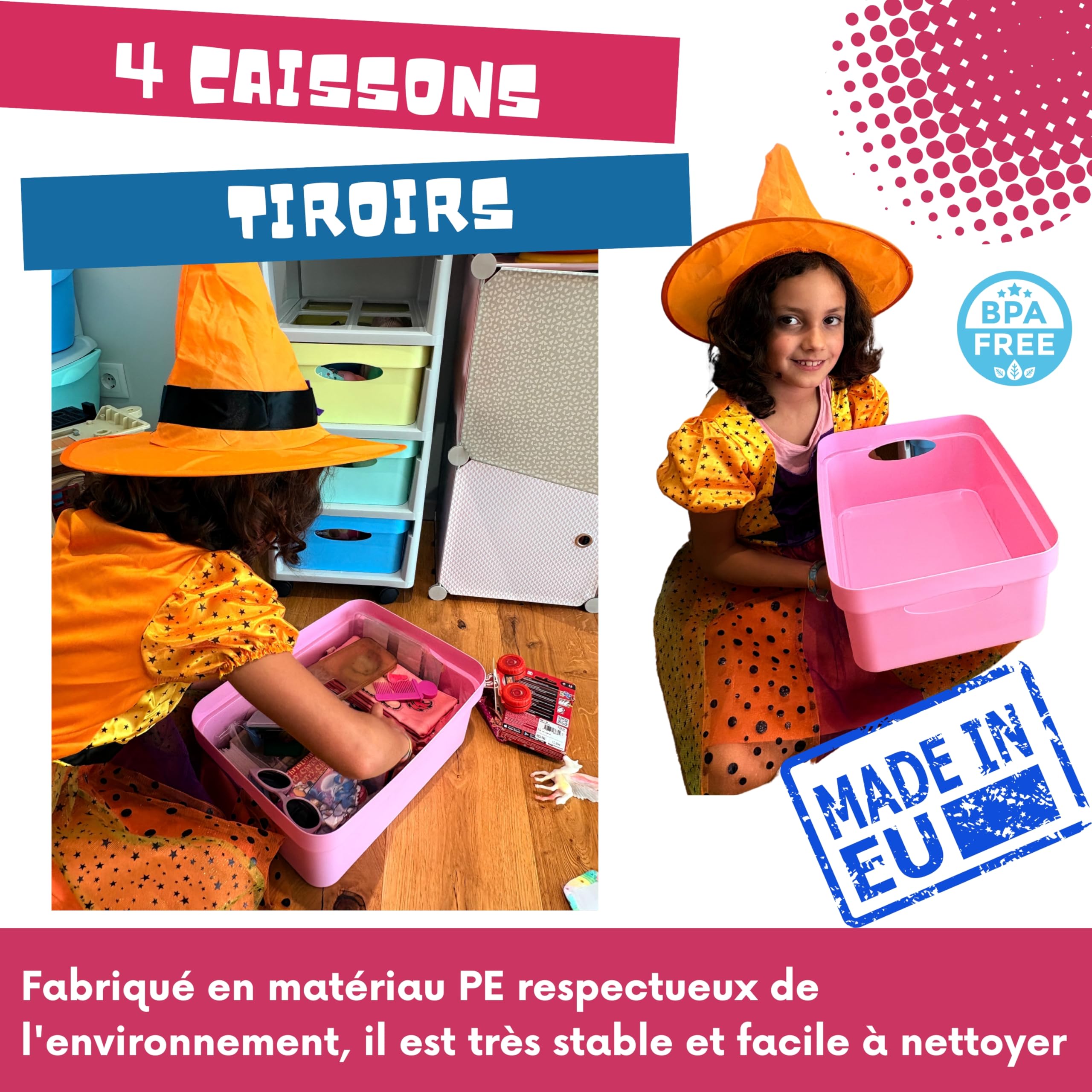 Meuble rangement enfant tour en plastique meuble ecole bac à roulettes boite tiroir empilable jouet bureau chariot a tiroirs colorés - Fabriqué en Europe