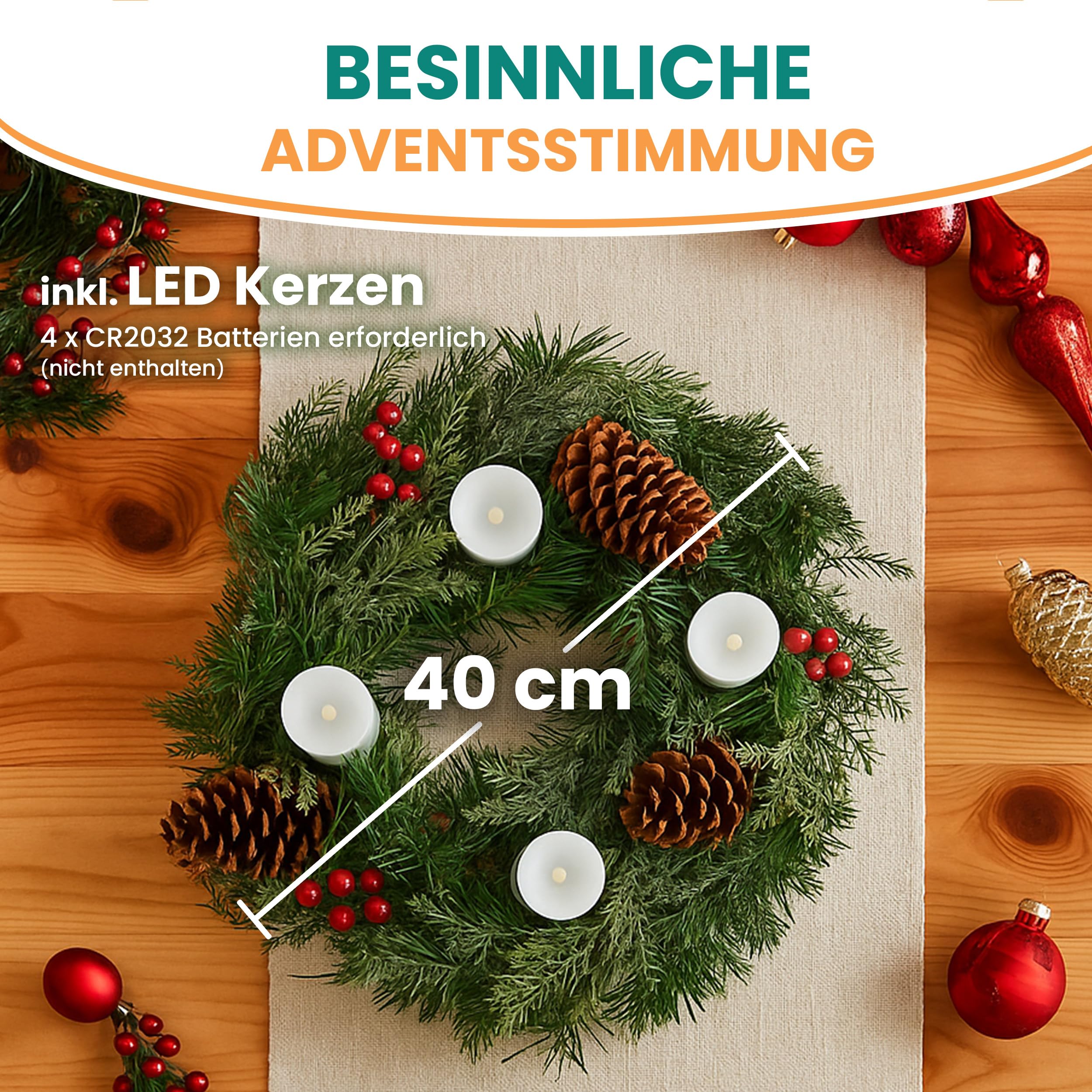Gartenpirat Künstlicher Weihnachtskranz Ø 40 cm mit 4 LED-Kerzen Adventskranz geschmückt mit Zapfen und roten Beeren