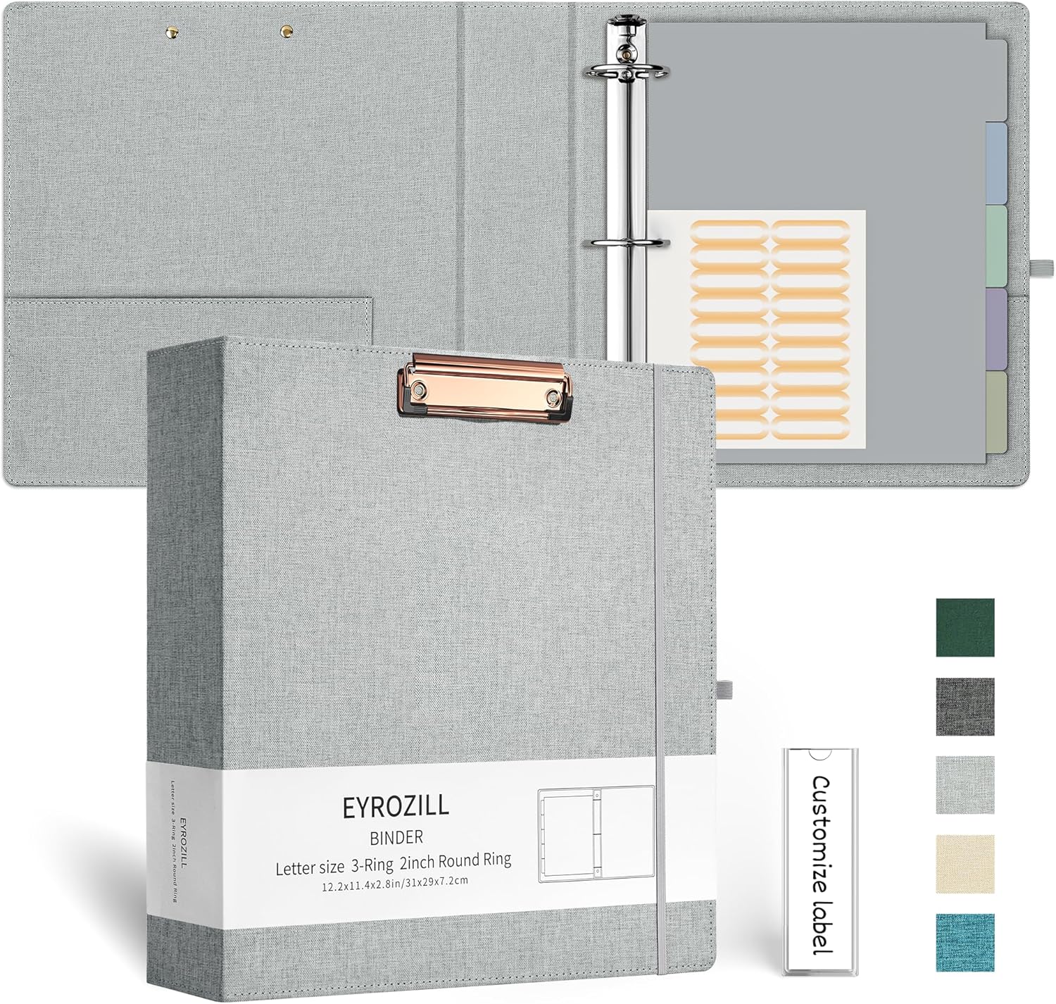 EYROZILL 3 Ring Binder 2 Inch, Binder for Letter Size (11" x 8.5") with 5 Tab Dividers, File Folder Labels and Low Profile Clipboards, Light Grey