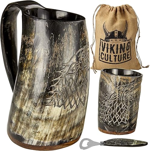 Miniatura 7 de Taza de cuerno de buey, colgante nórdico y abrebotellas (juego de 3 piezas) Auténtica jarra de cerveza de 32 onzas, aguamiel y cerveza, jarra