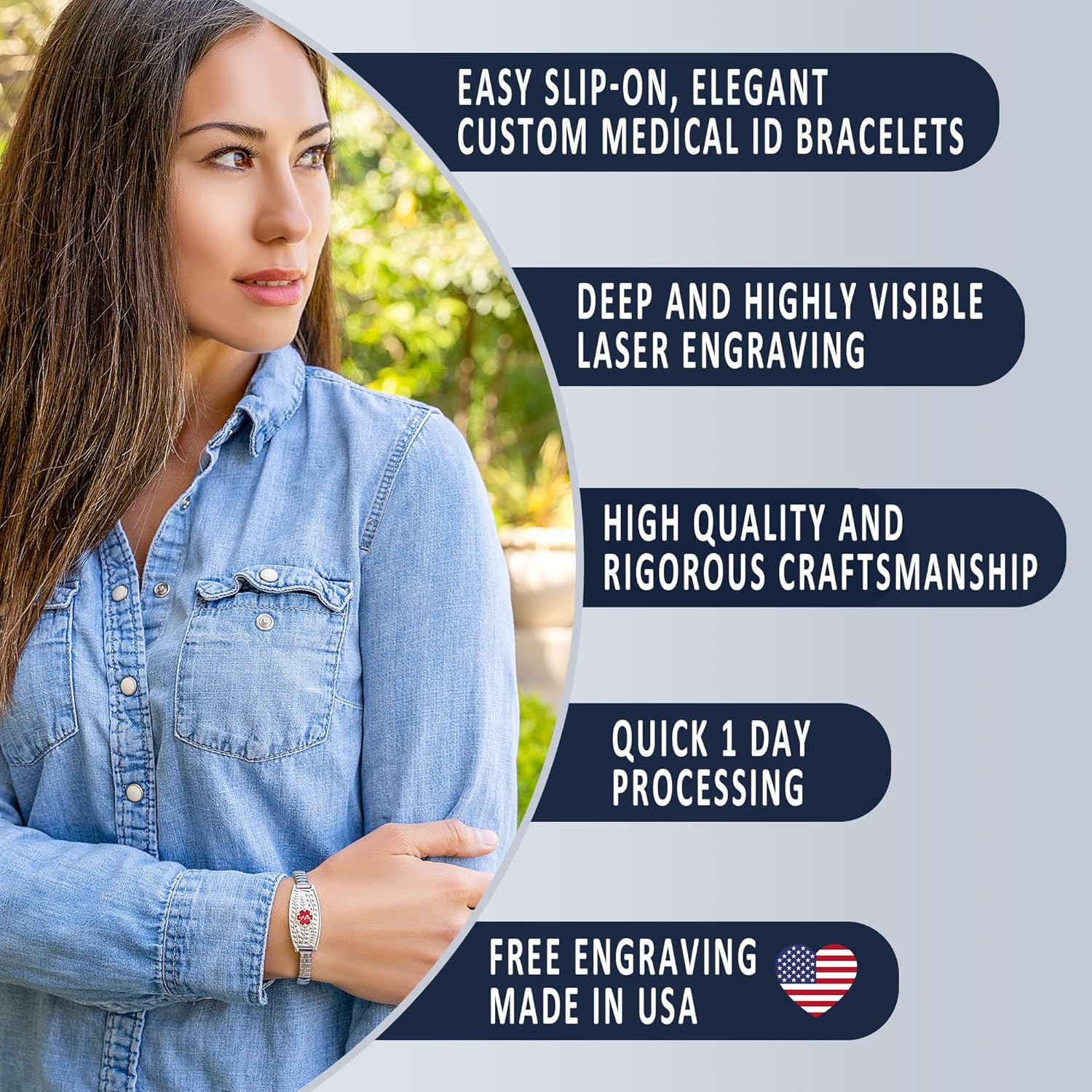 Divoti Olive Stretch Medical Alert Bracelet – Custom Engraved Stainless Steel ID Tag – Hypoallergenic, No Clasp, Slip-On Style – Fits 6.5–7.5" Wrists – Stylish & Comfortable for Women