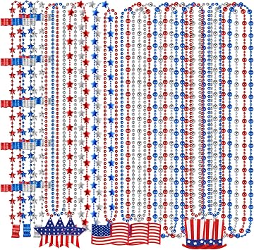 Labrostar 24Pcs 4th of July Accessories Patriotic Beads Necklaces 4th of July Decorations Red White Blue Stars Flags Necklace Memorial Veterans Labor Fourth of July Party Favors Supplies