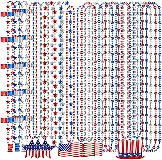 Labrostar 24Pcs 4th of July Accessories Patriotic Beads Necklaces 4th of July Decorations Red White Blue Stars Flags Necklace Memorial Veterans Labor Fourth of July Party Favors Supplies