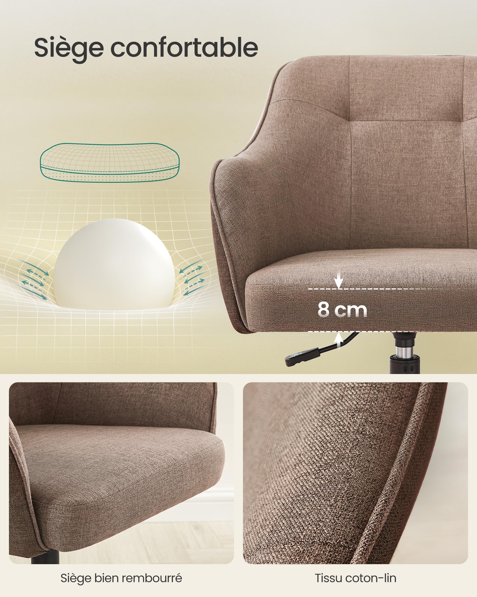SONGMICS Chaise de Bureau, Fauteuil Ergonomique, Siège Pivotant, Réglable en Hauteur, Capacité 110 kg, Cadre en Acier, Tissu en Coton-Lin Respirant, pour Bureau, Chambre, Marron OBG019K01