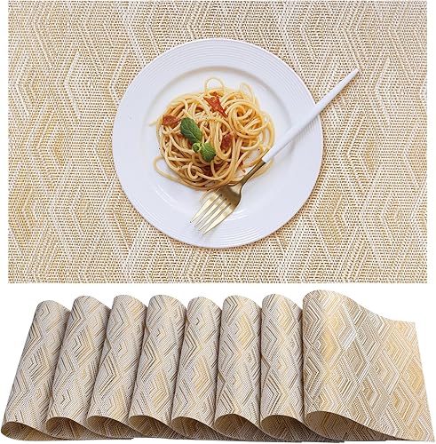 Miniatura 10 de Juego de 8 manteles individuales, resistentes al calor, antideslizantes, para mesa de comedor, lavables, duraderos, de vinilo de PVC, tejido (color