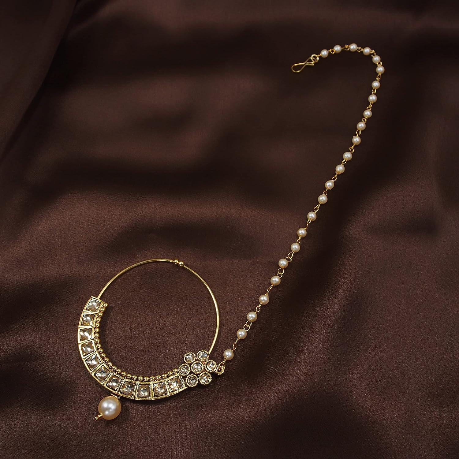 I Jewels 18k Gold Plated Indian Wedding Bollywood Ethnic Bridal Nose Ring/Nath Without Piercing with Pearl Chain Encased with Pearl Stone for Women/s (NL37)