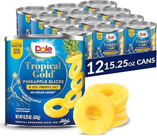 Dole Tropical Gold Pineapple Slices in 100% Juice, No Sugar Added, Gluten-Free, 15.25oz Cans, 12-Pack - Premium Pantry Staple