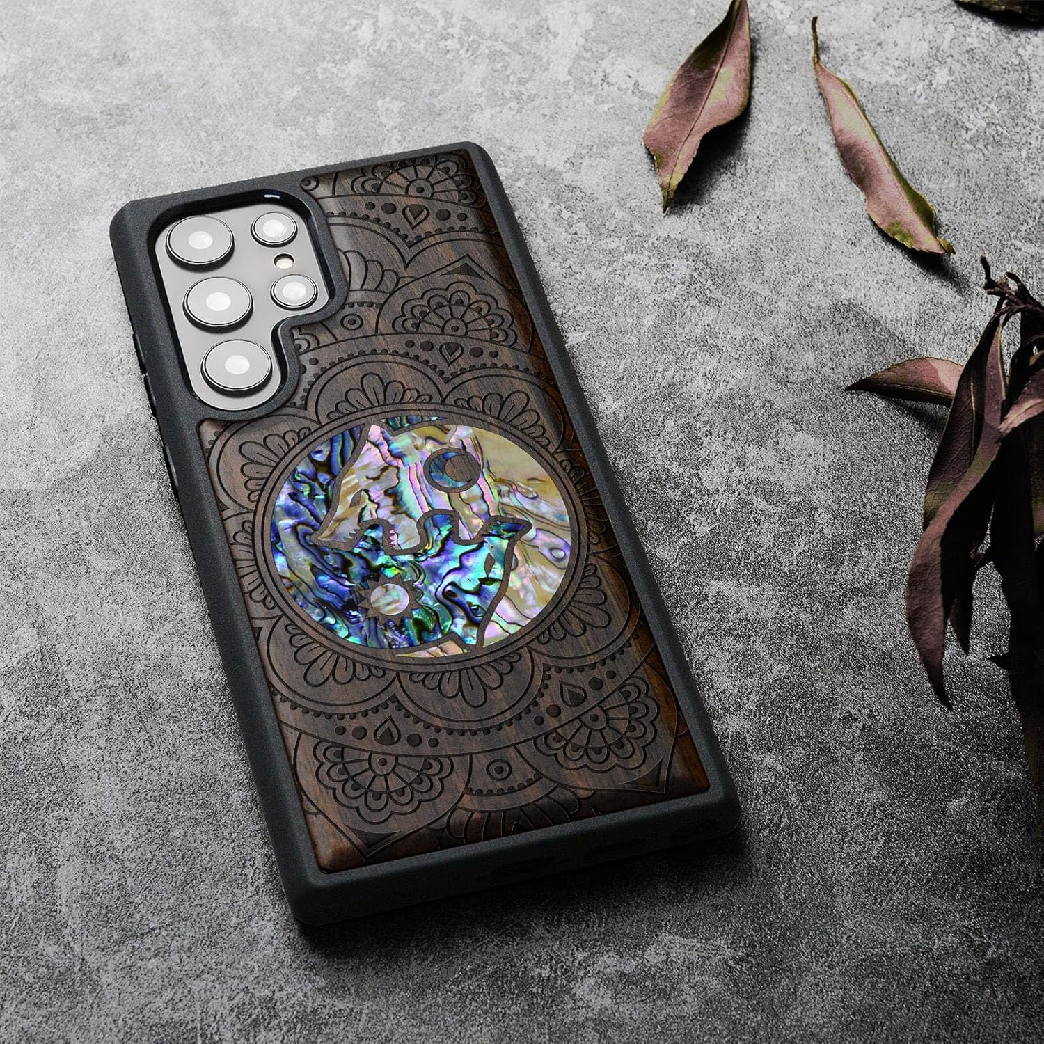 Carveit Designer Wooden Case for Samsung Galaxy S24 Ultra Case [Wood Engraving & Shell Inlay] Compatible with Wireless Chargers S24 Ultra Cover (Shell Yin Yang Wolf-Blackwood)