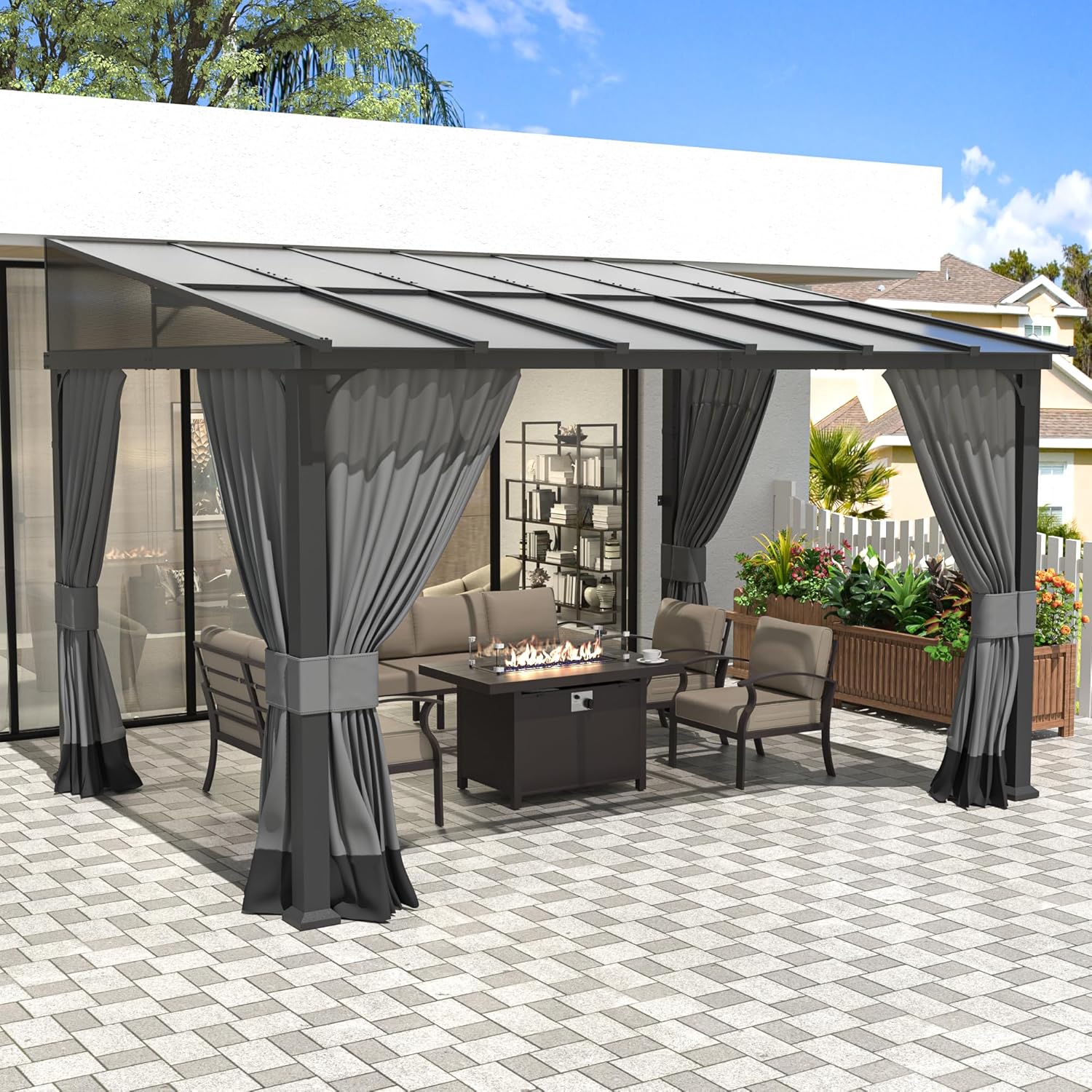 Patio Outdoor Lean to Gazebo 10x12FT, Awnings for Patio with Metal Frame, Hardtop Wall Mounted Gazebo with Sloping Sun Panel Roof for Patio, Double Curtains for Garden Backyard,Grey
