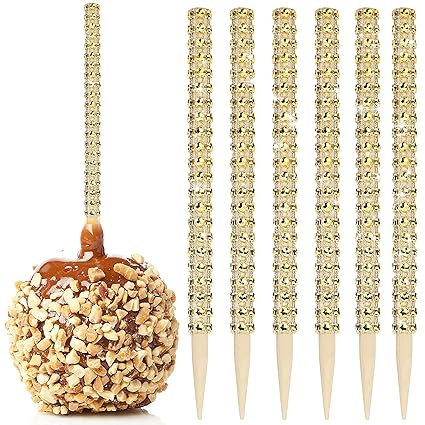 32 PCS Bling Candy Apple Bamboo Sticks,Caramel Apple Wooden Pointed Skewers with Rhinestones Diamond Mesh Wrap,Fruit Treats Pop Dec Bar for Dessert Table Tea Party Birthday Wedding Buffet(Gold)