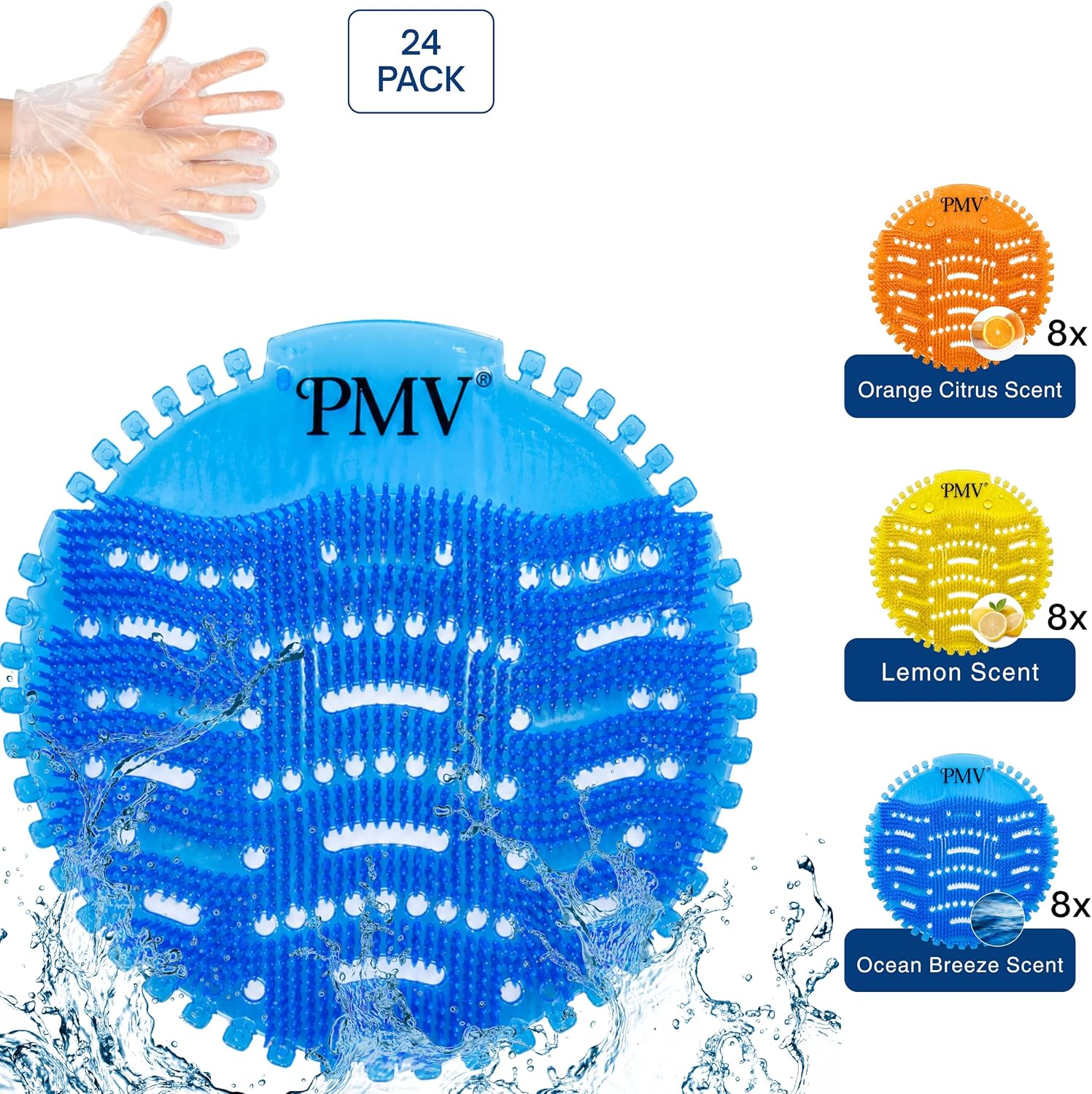 PMV Urinal Screen Deodorizer 24-Pack with 24 Gloves, 30-Day Long Lasting Scent, 8 Lemon Burst, 8 Citrus, & 8 Ocean Wave, Anti-Splash Fragrance Mats for Men Toilets