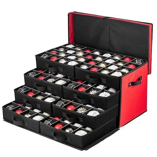 ZOBER Christmas Ornament Storage Box - Drawer Style Trays, Stores 128 Ornaments - 600D Oxford Fabric Christmas Ornament Storage Containers - 3 Inch Cube Compartments - Red